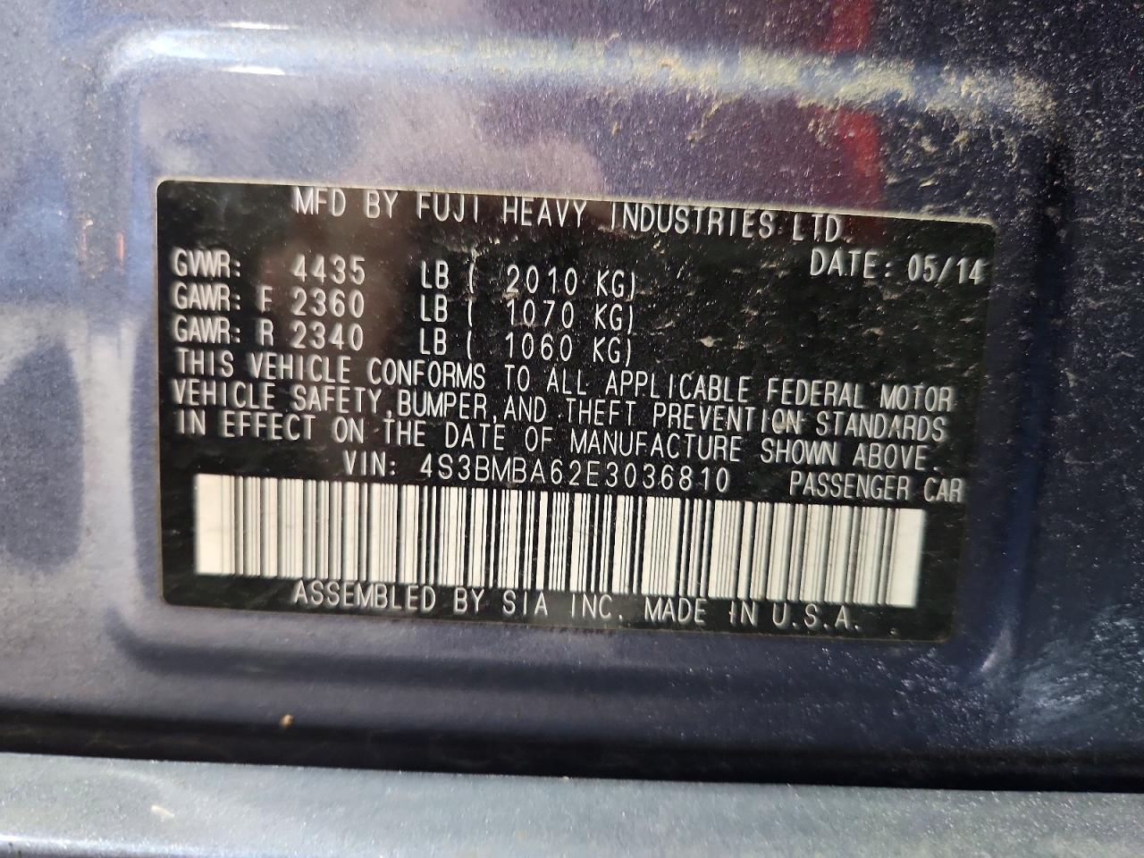 2014 Subaru Legacy 2.5i Blue vin: 4S3BMBA62E3036810