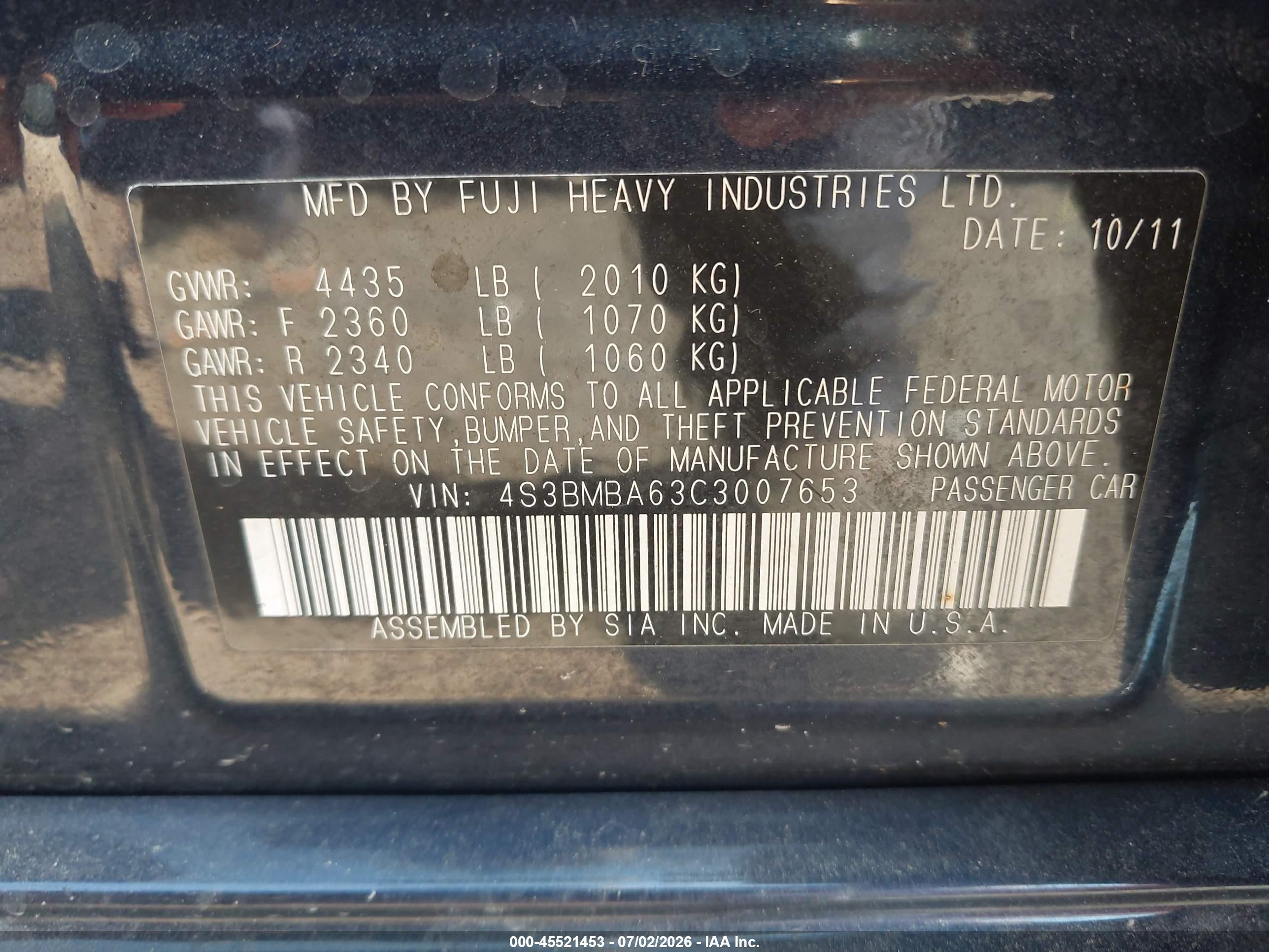 2012 Subaru Legacy 2.5i Blue vin: 4S3BMBA63C3007653
