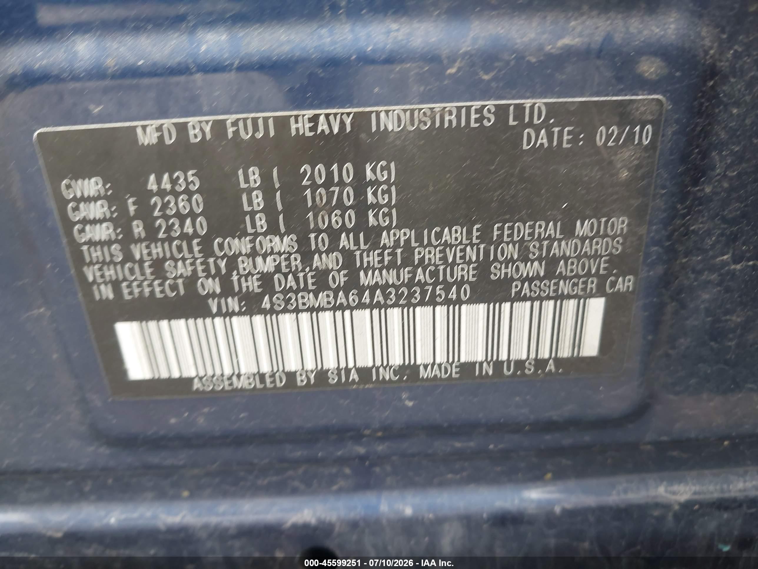 2010 Subaru Legacy 2.5i Blue vin: 4S3BMBA64A3237540