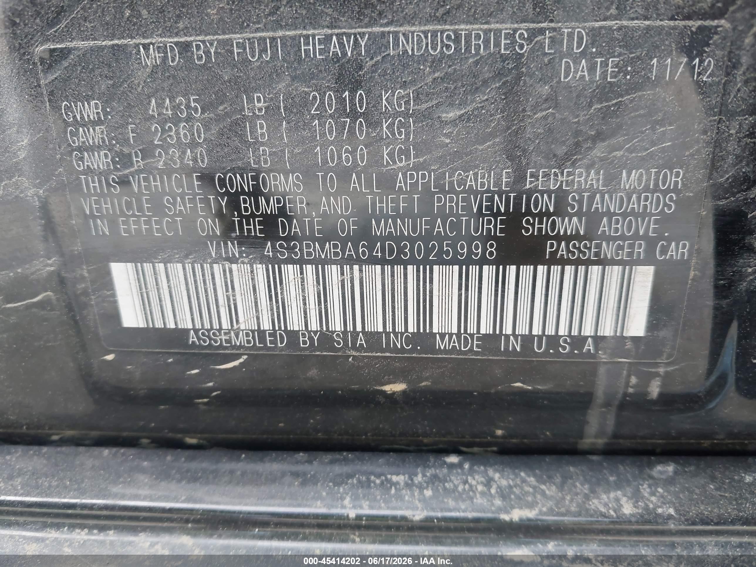 2013 Subaru Legacy 2.5i Black vin: 4S3BMBA64D3025998