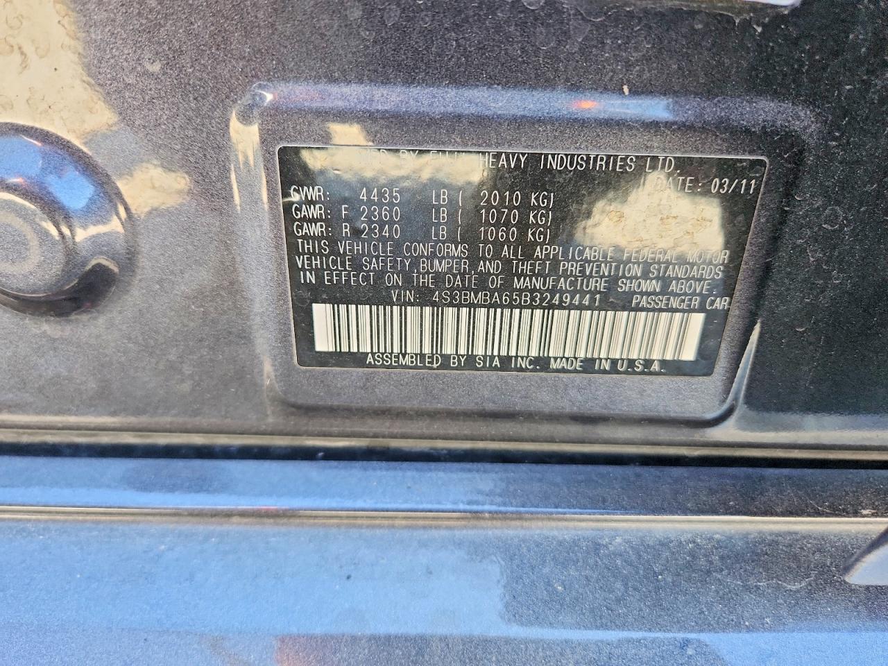 2011 Subaru Legacy 2.5i Charcoal vin: 4S3BMBA65B3249441