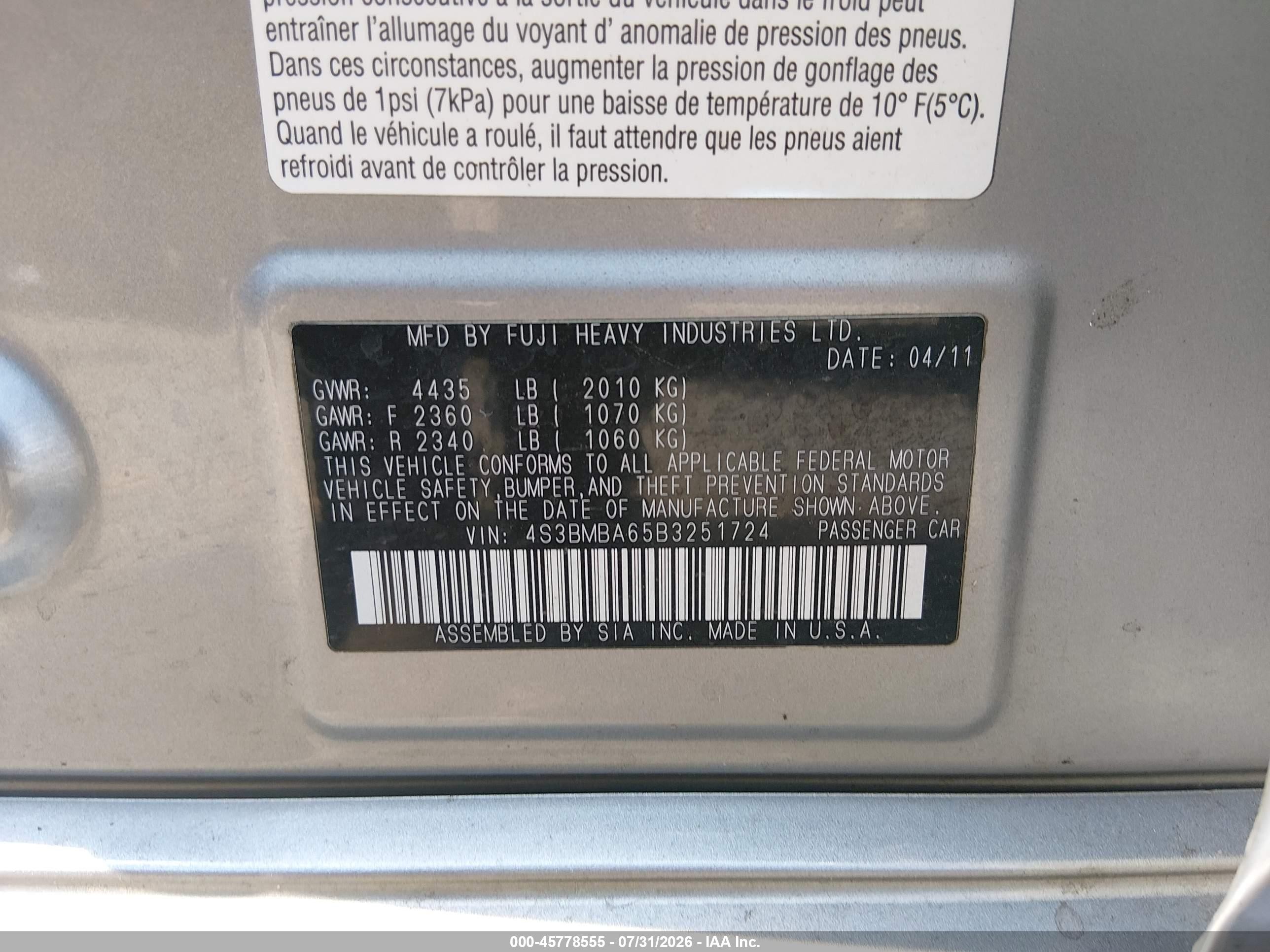 2011 Subaru Legacy 2.5i Silver vin: 4S3BMBA65B3251724