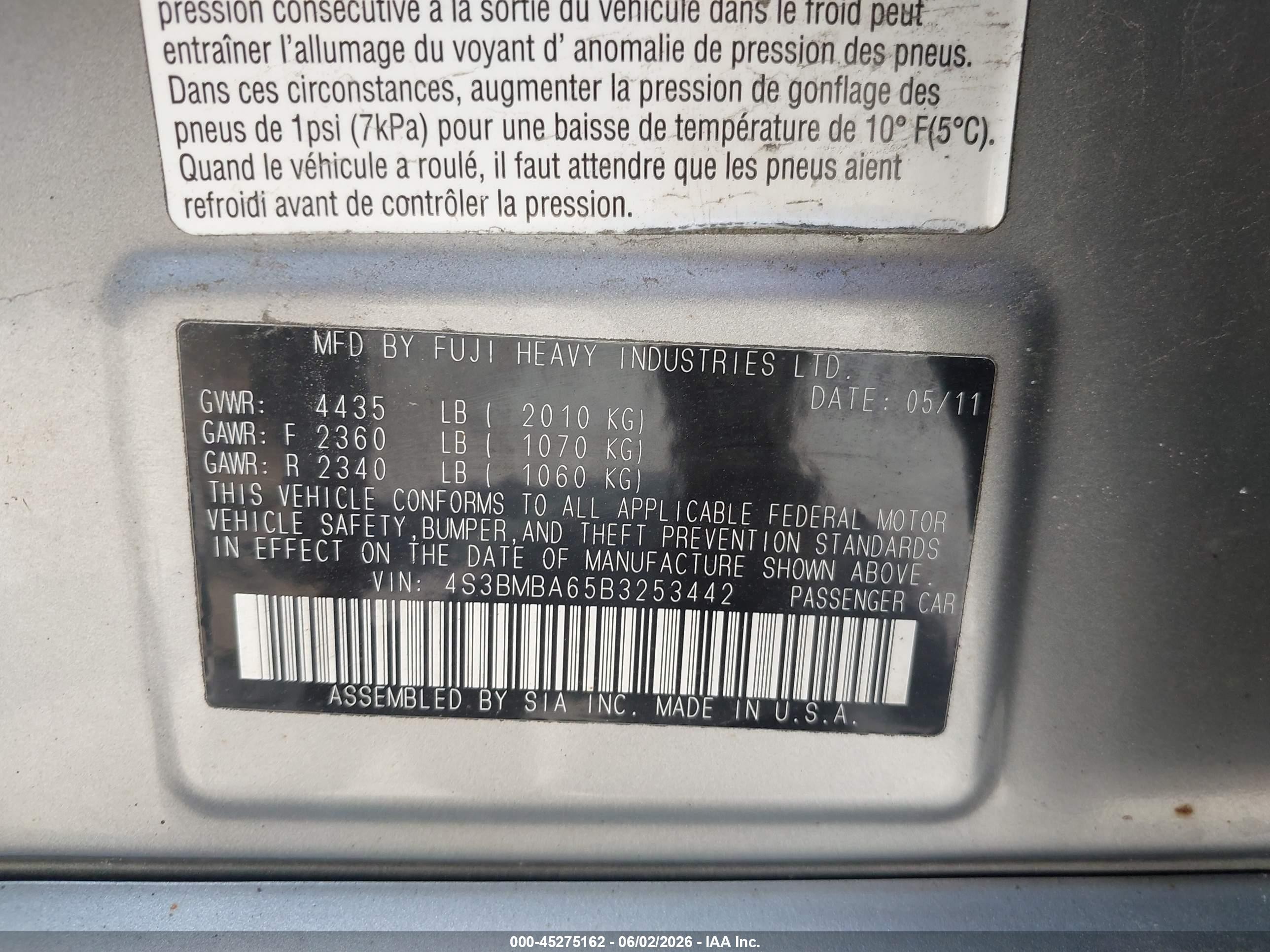 2011 Subaru Legacy 2.5i Light Blue vin: 4S3BMBA65B3253442