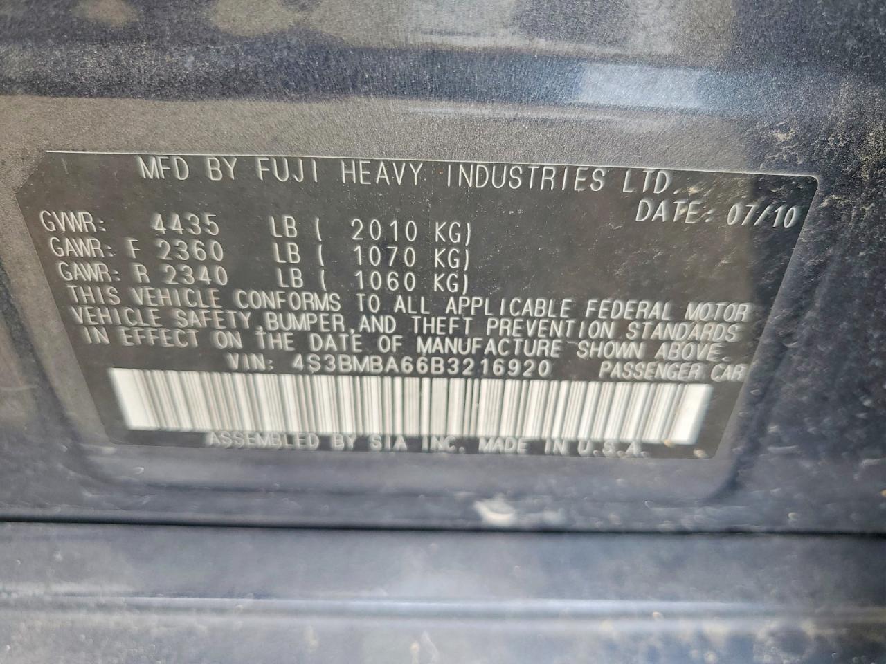 2011 Subaru Legacy 2.5i Charcoal vin: 4S3BMBA66B3216920