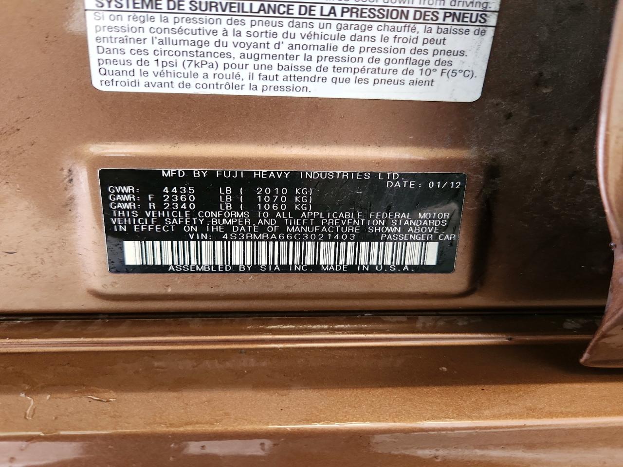 2012 Subaru Legacy 2.5i Brown vin: 4S3BMBA66C3021403