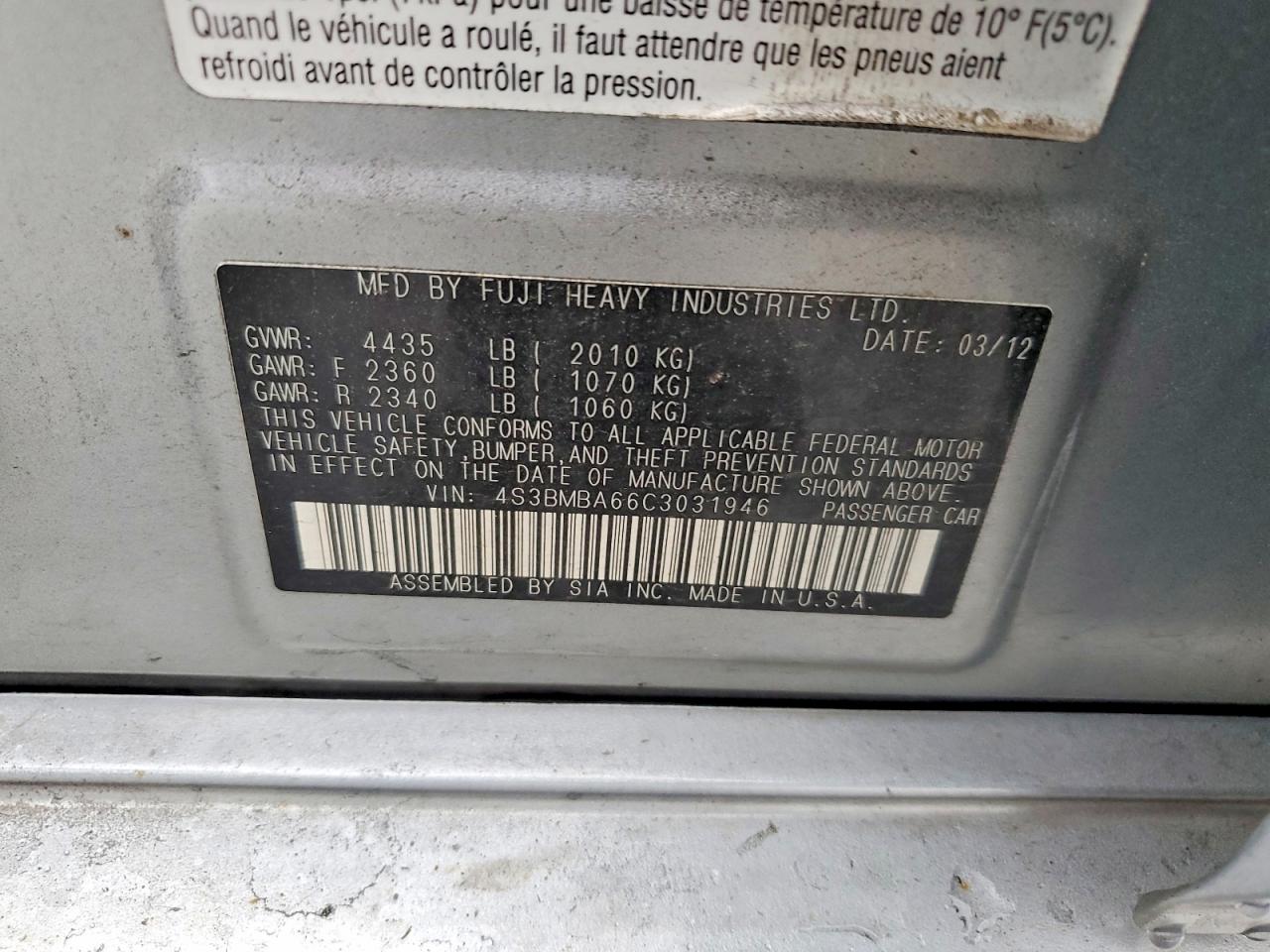 2012 Subaru Legacy 2.5i Silver vin: 4S3BMBA66C3031946