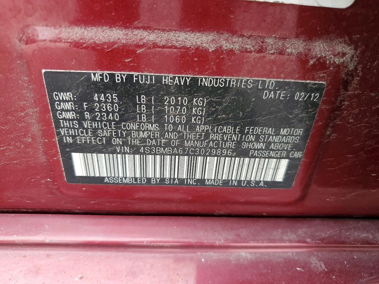 2012 Subaru Legacy 2.5i Красный vin: 4S3BMBA67C3029896