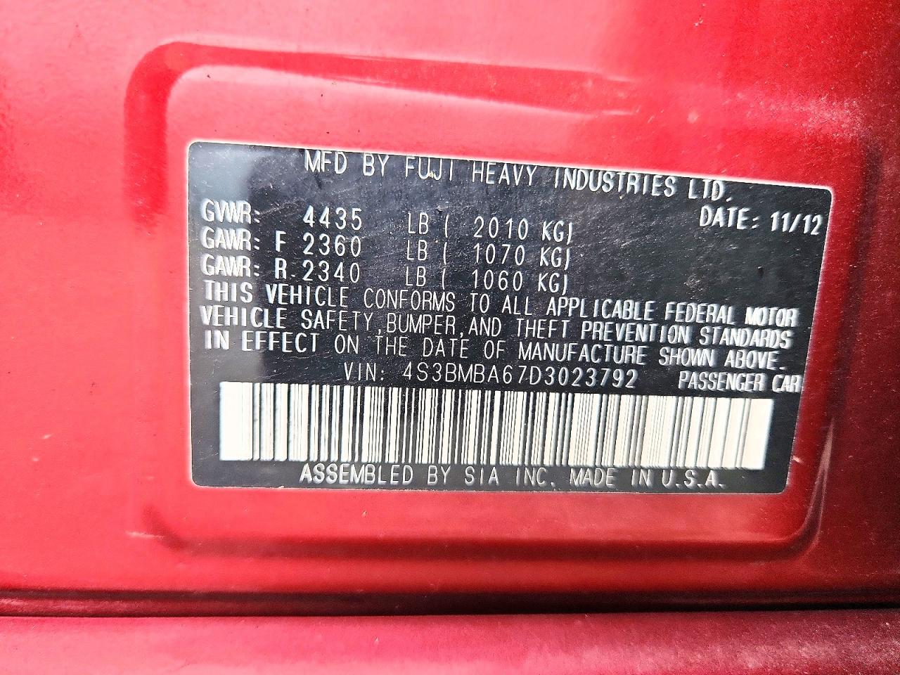 2013 Subaru Legacy 2.5i Red vin: 4S3BMBA67D3023792