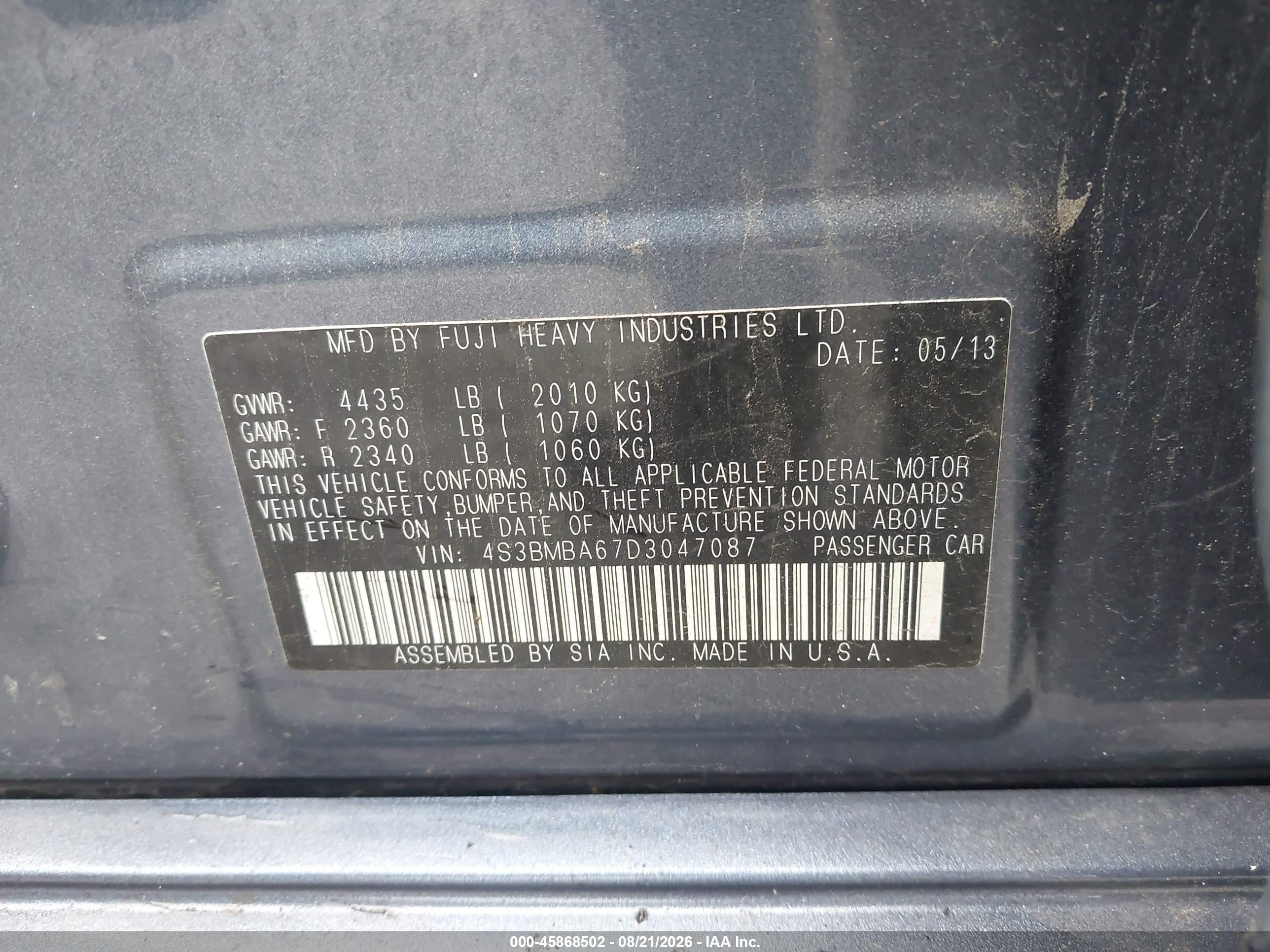 2013 Subaru Legacy 2.5i Blue vin: 4S3BMBA67D3047087