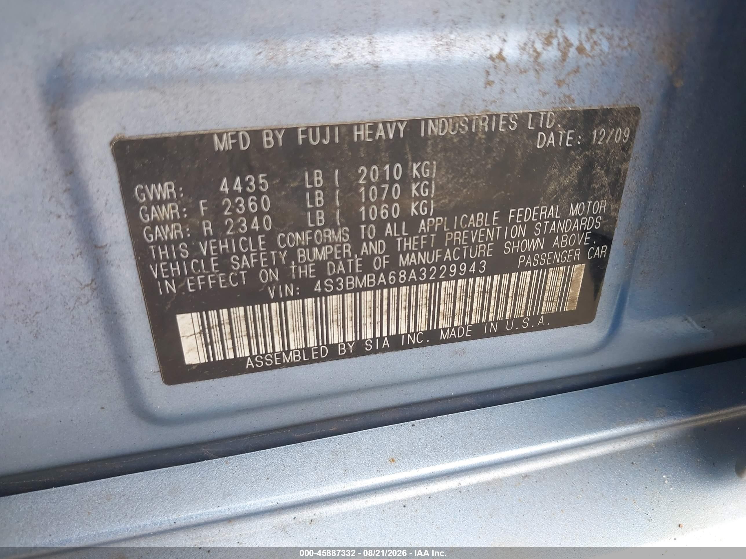 2010 Subaru Legacy 2.5i Light Blue vin: 4S3BMBA68A3229943