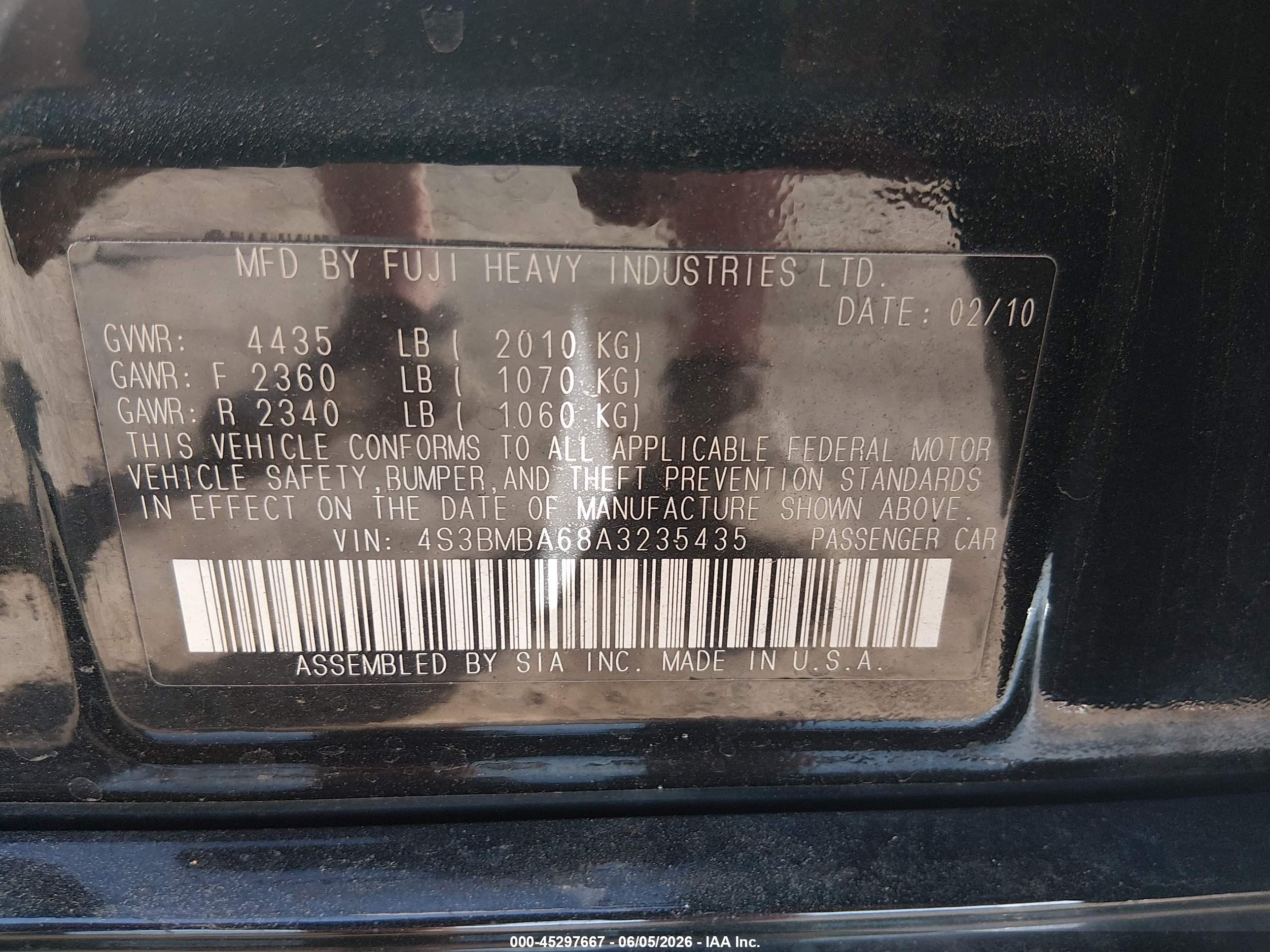 2010 Subaru Legacy 2.5i Black vin: 4S3BMBA68A3235435
