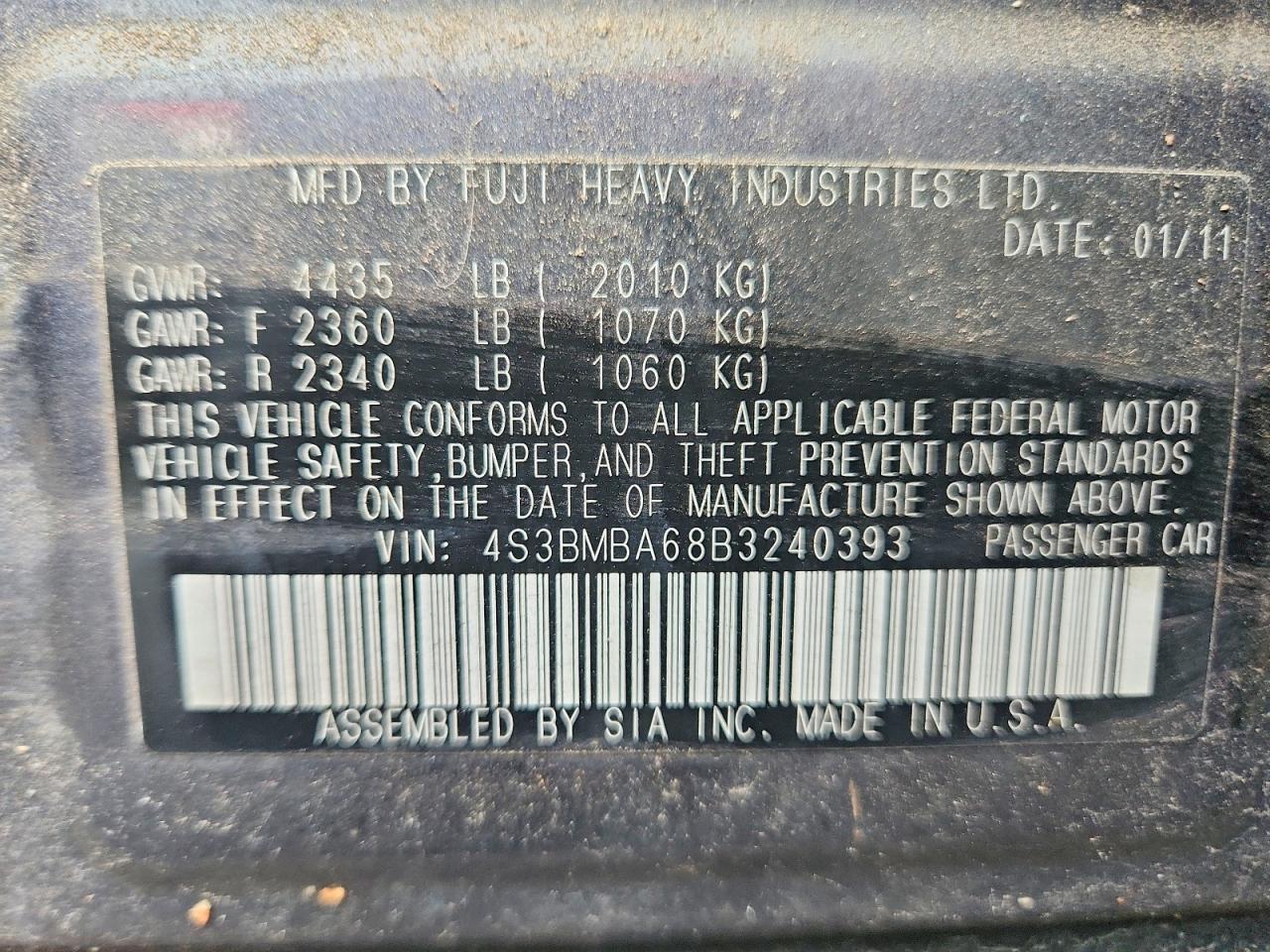 2011 Subaru Legacy 2.5i Blue vin: 4S3BMBA68B3240393