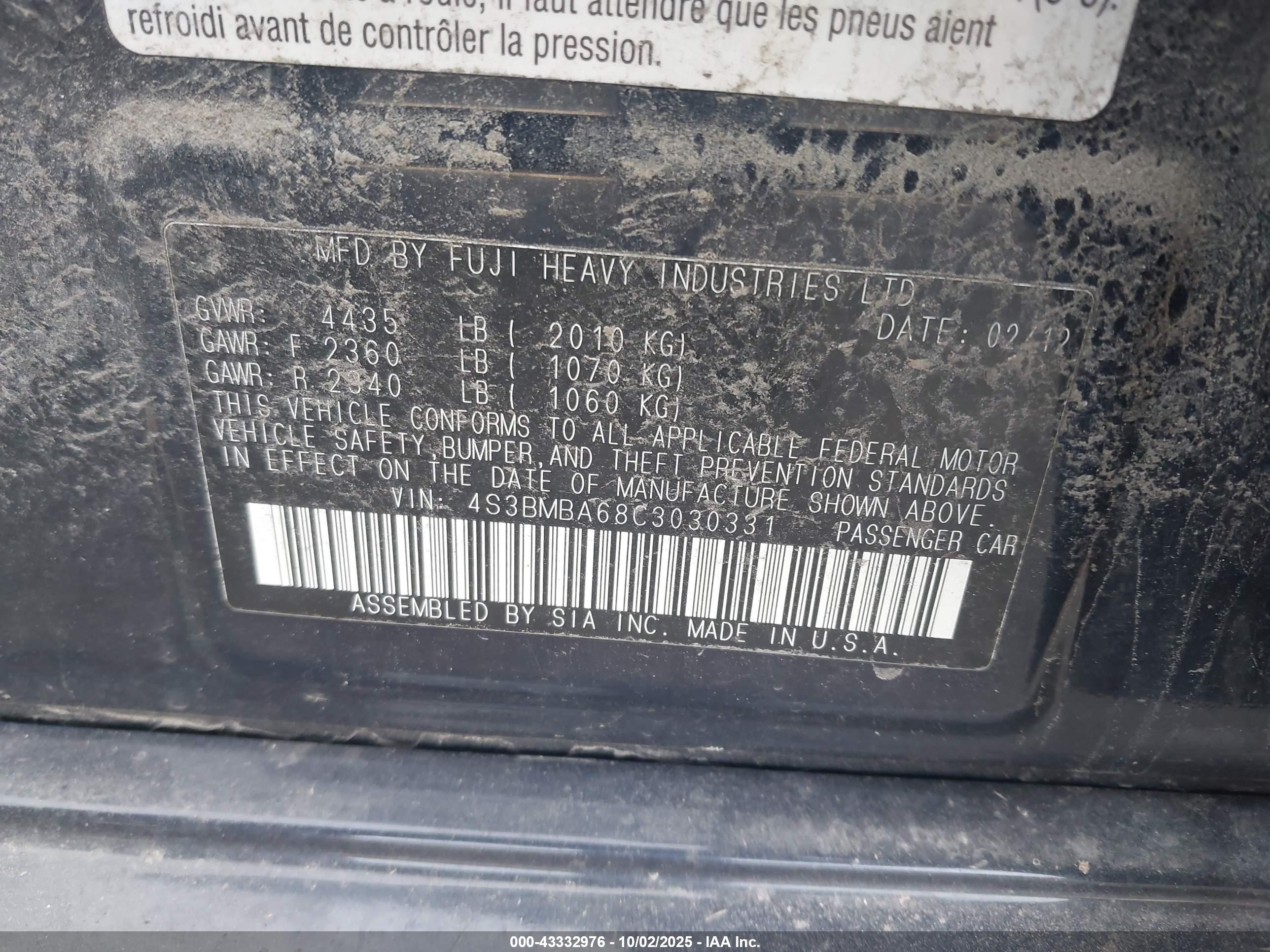 2012 Subaru Legacy 2.5i Black vin: 4S3BMBA68C3030331
