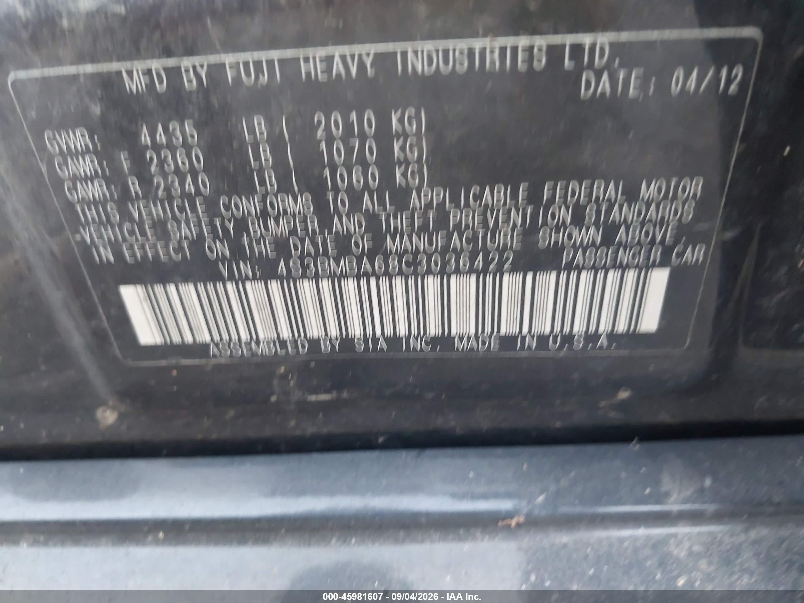 2012 Subaru Legacy 2.5i Черный vin: 4S3BMBA68C3036422
