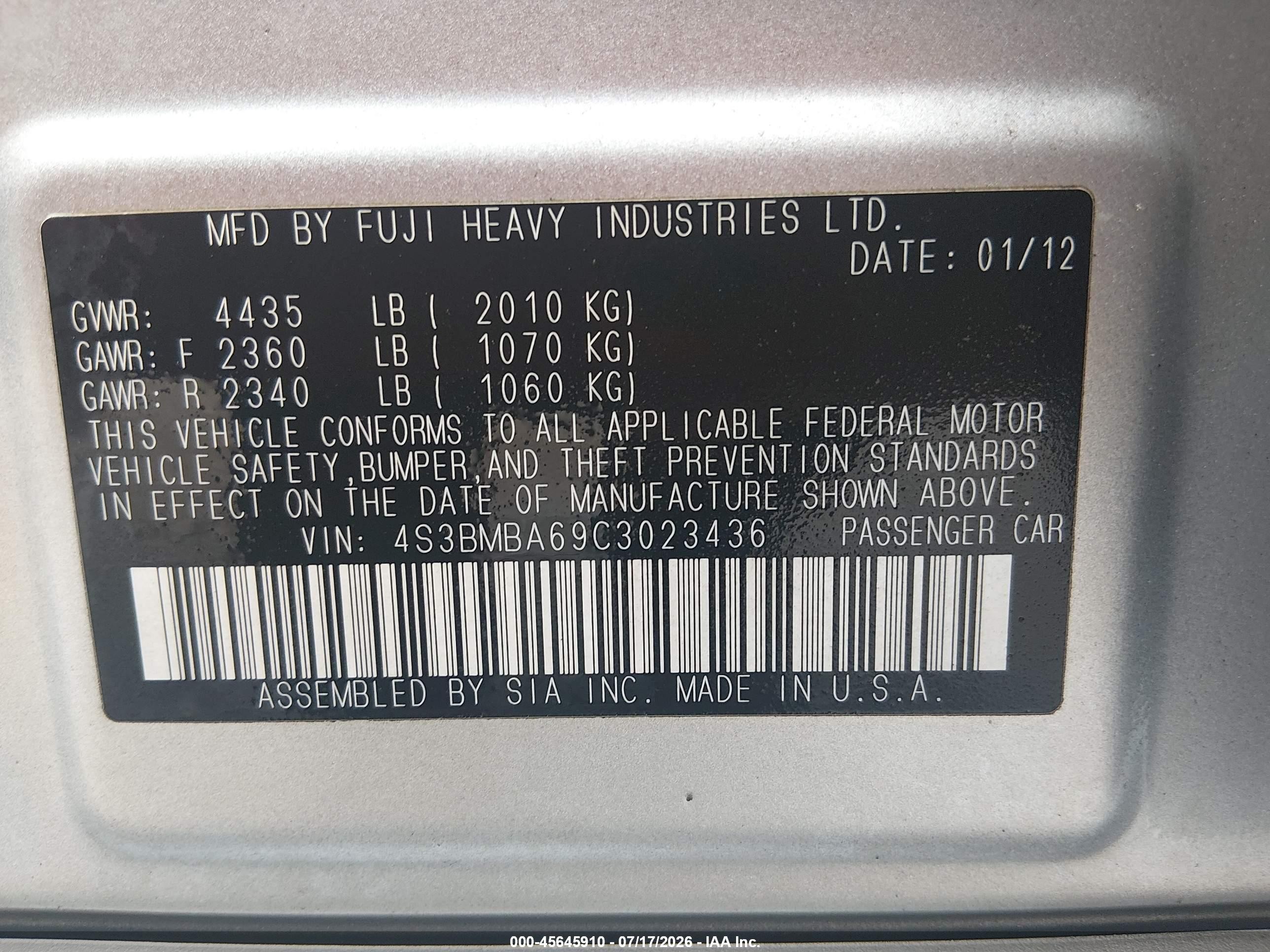 2012 Subaru Legacy 2.5i Blue vin: 4S3BMBA69C3023436