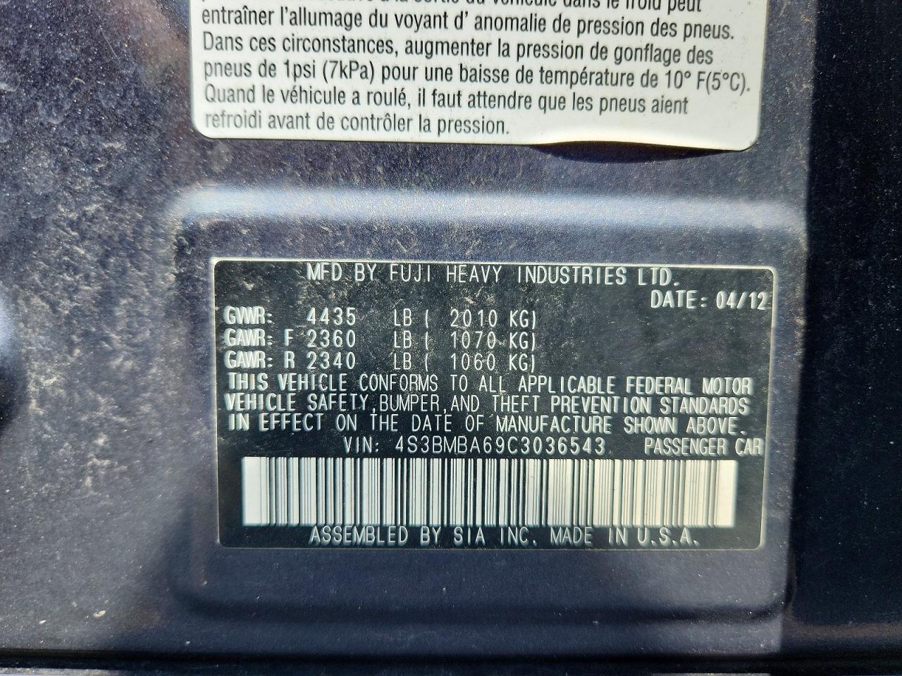 2012 Subaru Legacy 2.5i Charcoal vin: 4S3BMBA69C3036543