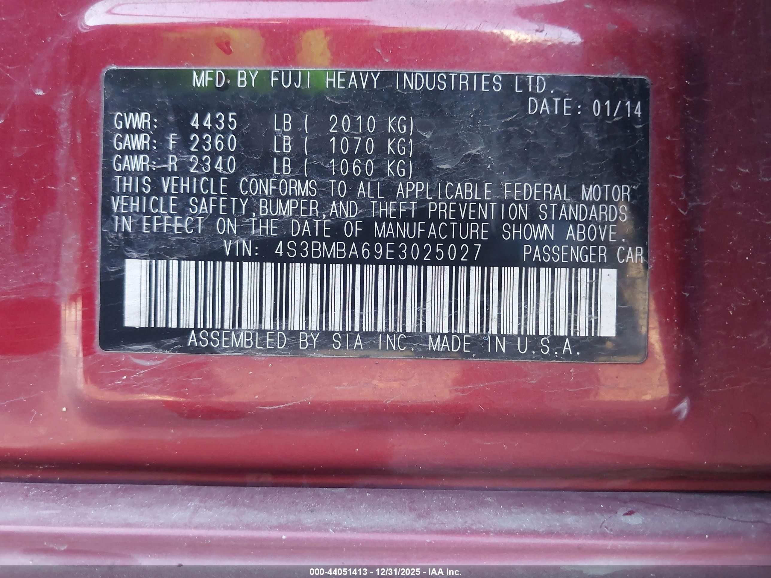2014 Subaru Legacy 2.5i Red vin: 4S3BMBA69E3025027