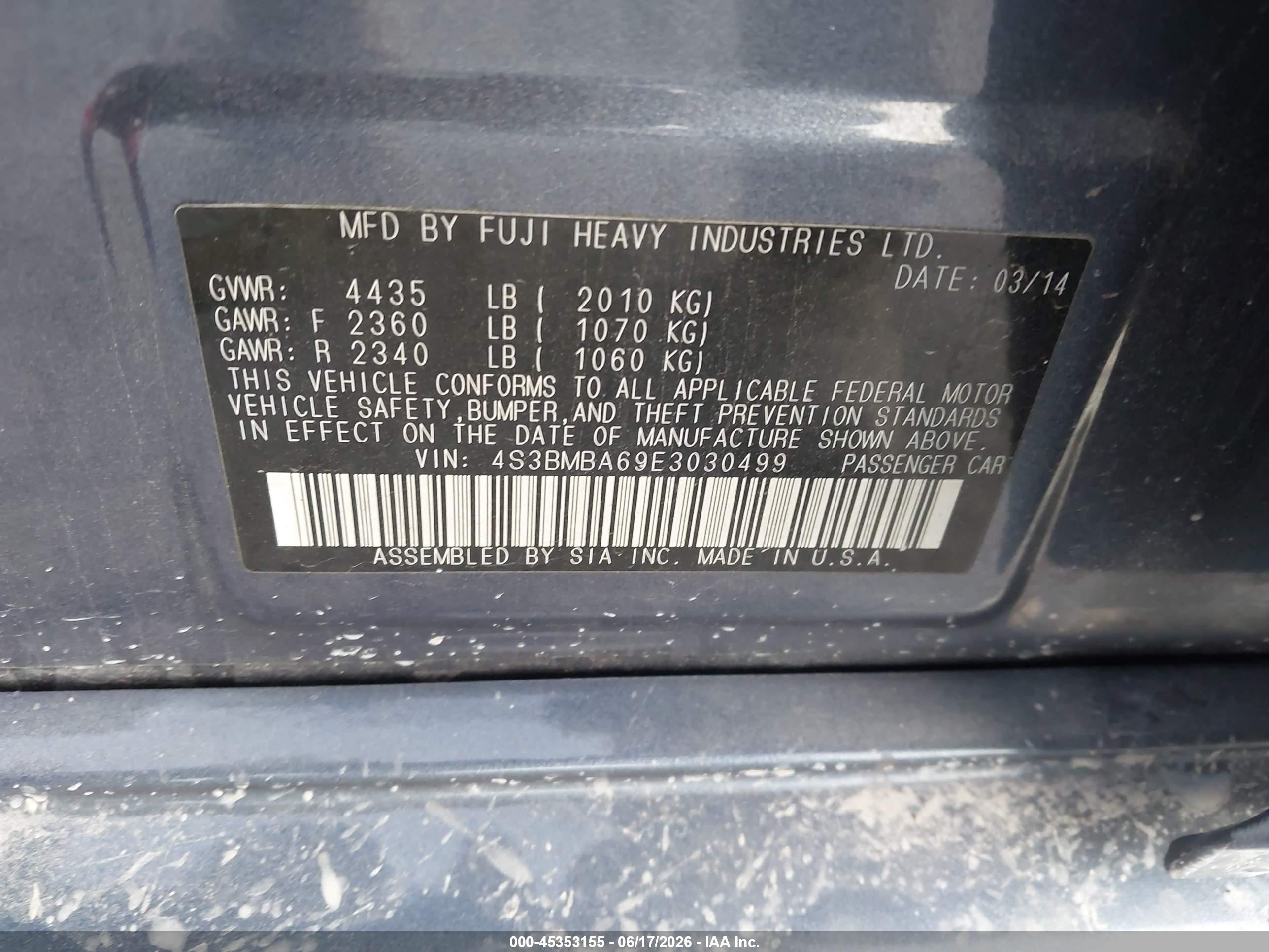 2014 Subaru Legacy 2.5i Blue vin: 4S3BMBA69E3030499