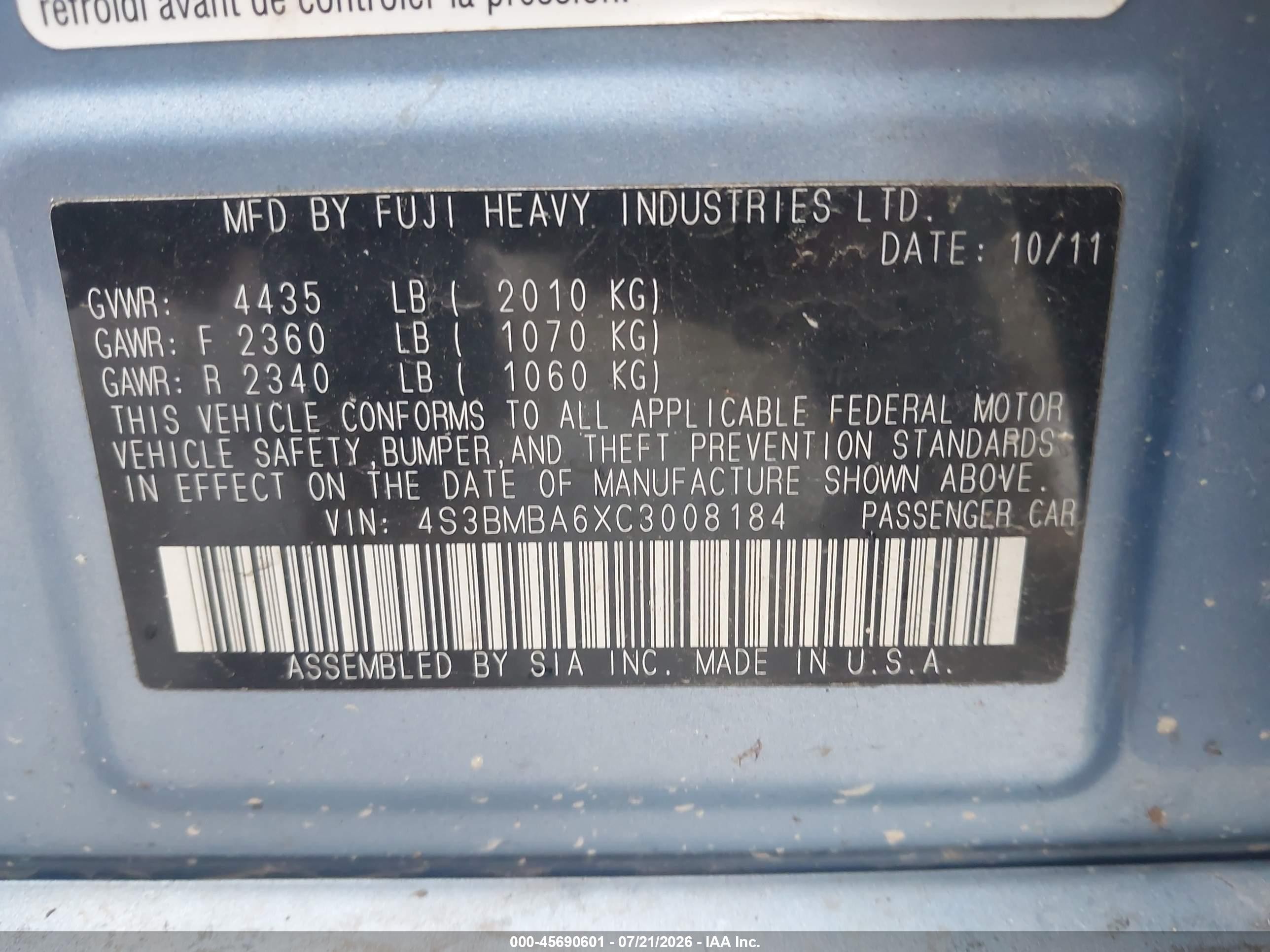 2012 Subaru Legacy 2.5i Blue vin: 4S3BMBA6XC3008184