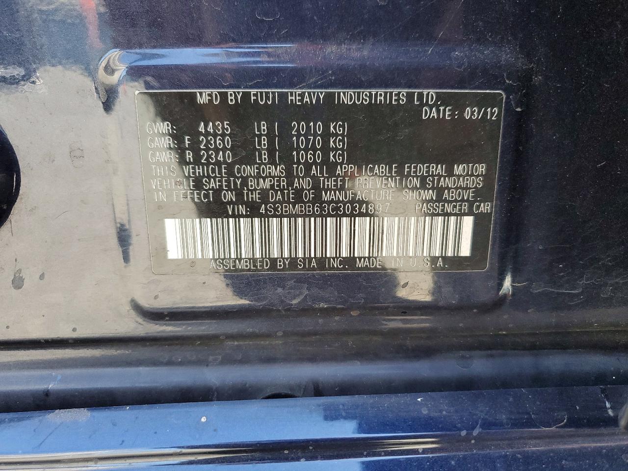 2012 Subaru Legacy 2.5i Premium Blue vin: 4S3BMBB63C3034897