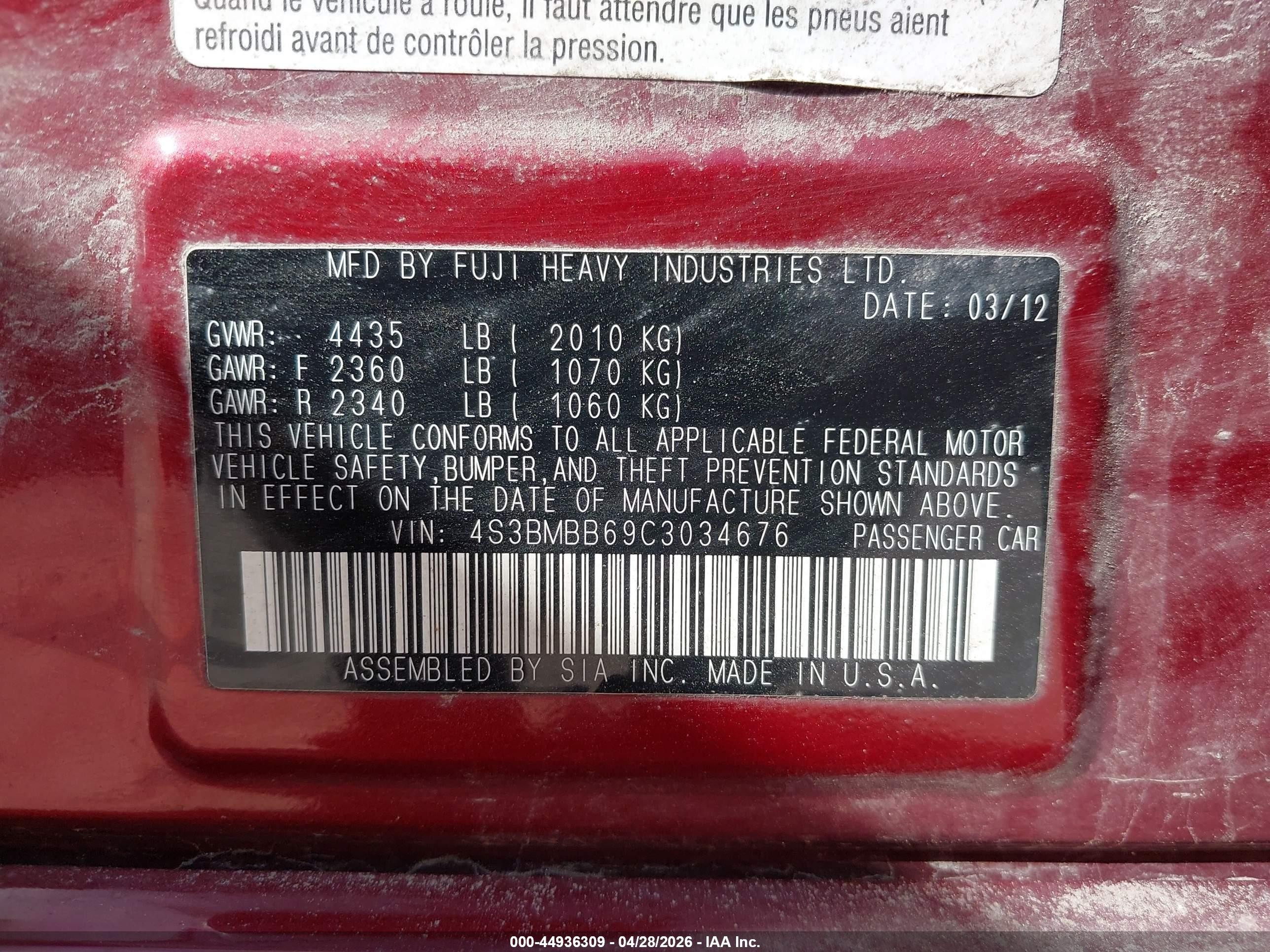 2012 Subaru Legacy 2.5i Premium Red vin: 4S3BMBB69C3034676