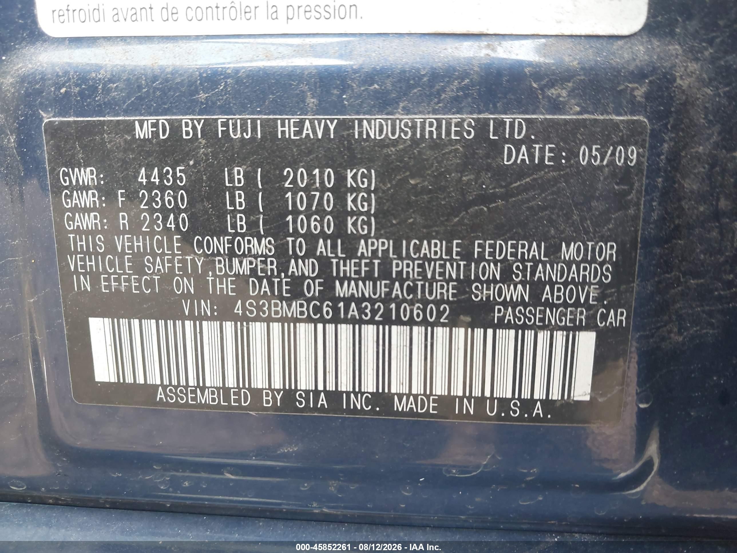2010 Subaru Legacy 2.5i Premium Blue vin: 4S3BMBC61A3210602