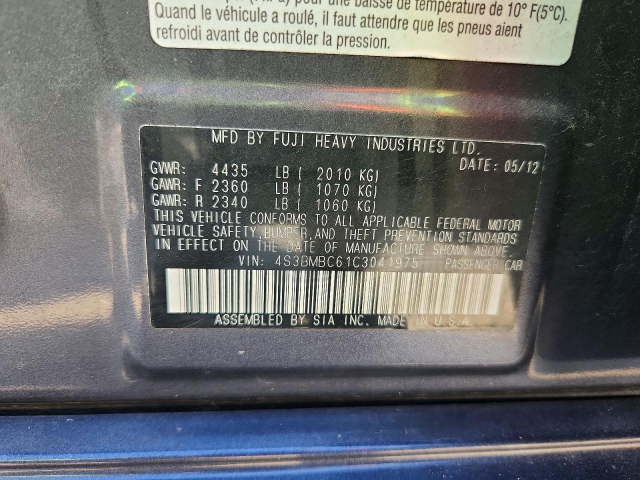 2012 Subaru Legacy 2.5i Premium Серый vin: 4S3BMBC61C3041975
