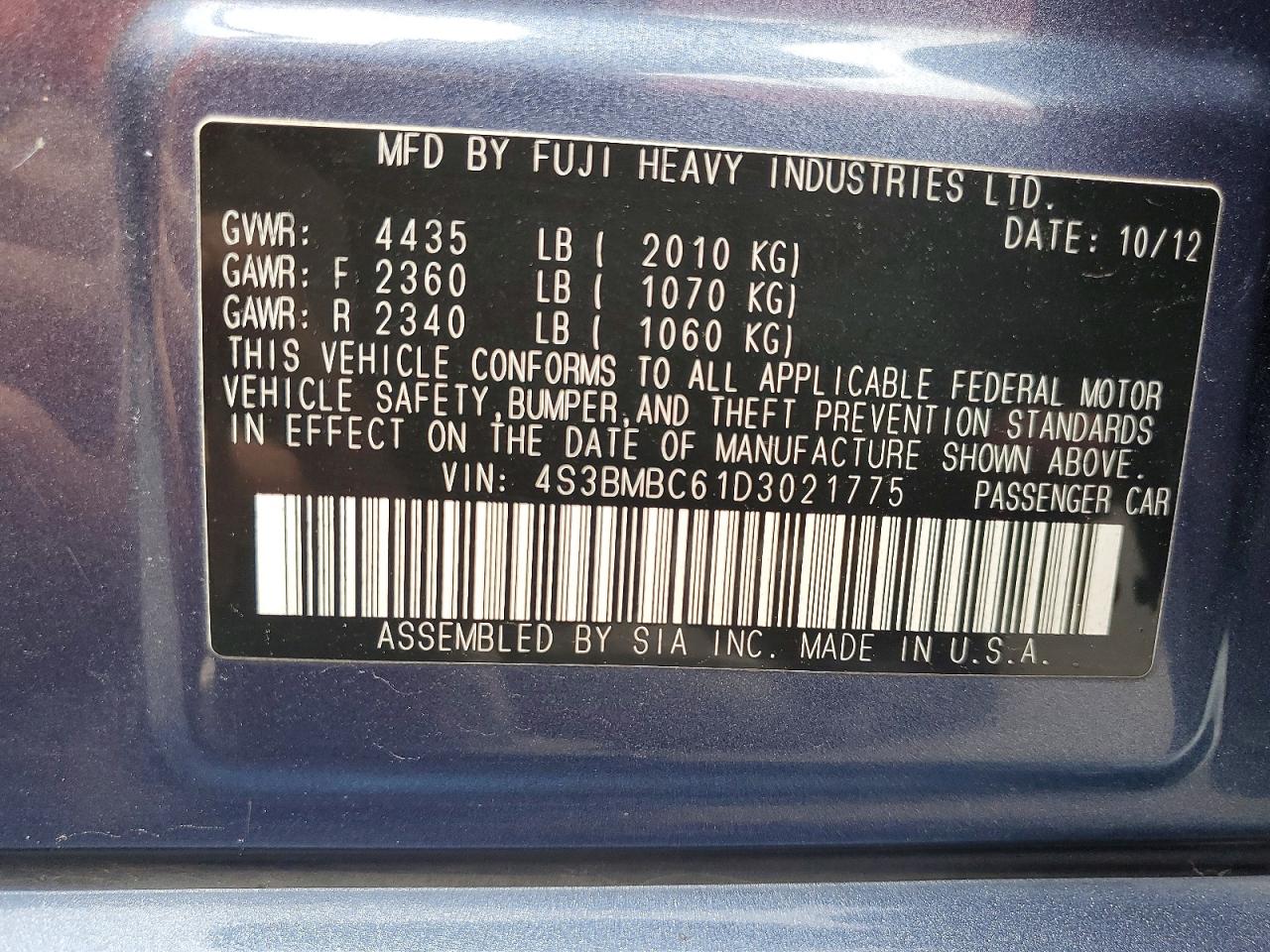 2013 Subaru Legacy 2.5i Premium Blue vin: 4S3BMBC61D3021775
