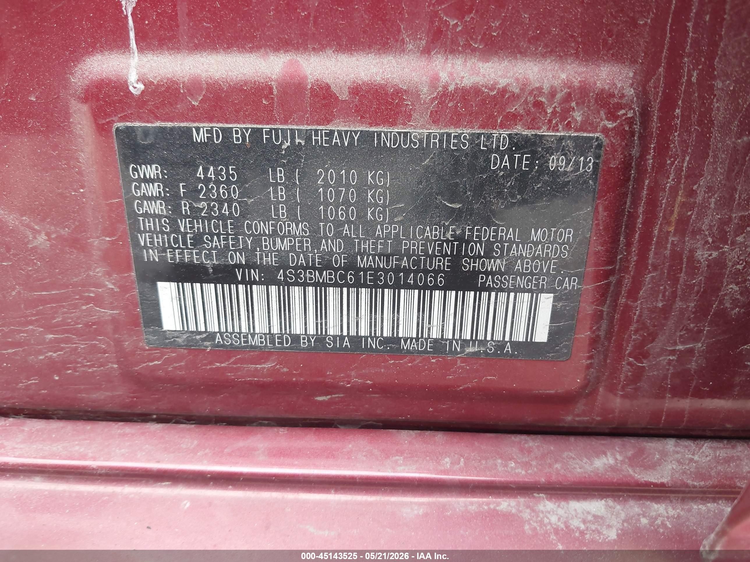 2014 Subaru Legacy 2.5i Premium Maroon vin: 4S3BMBC61E3014066