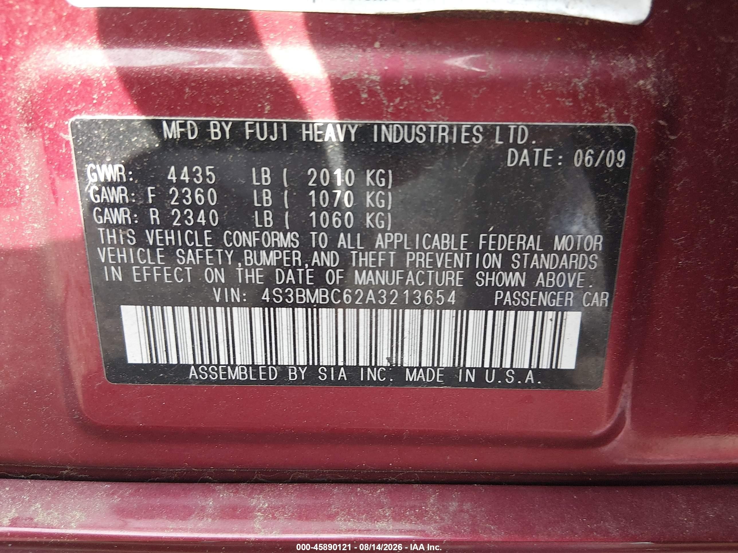 2010 Subaru Legacy 2.5i Premium Red vin: 4S3BMBC62A3213654