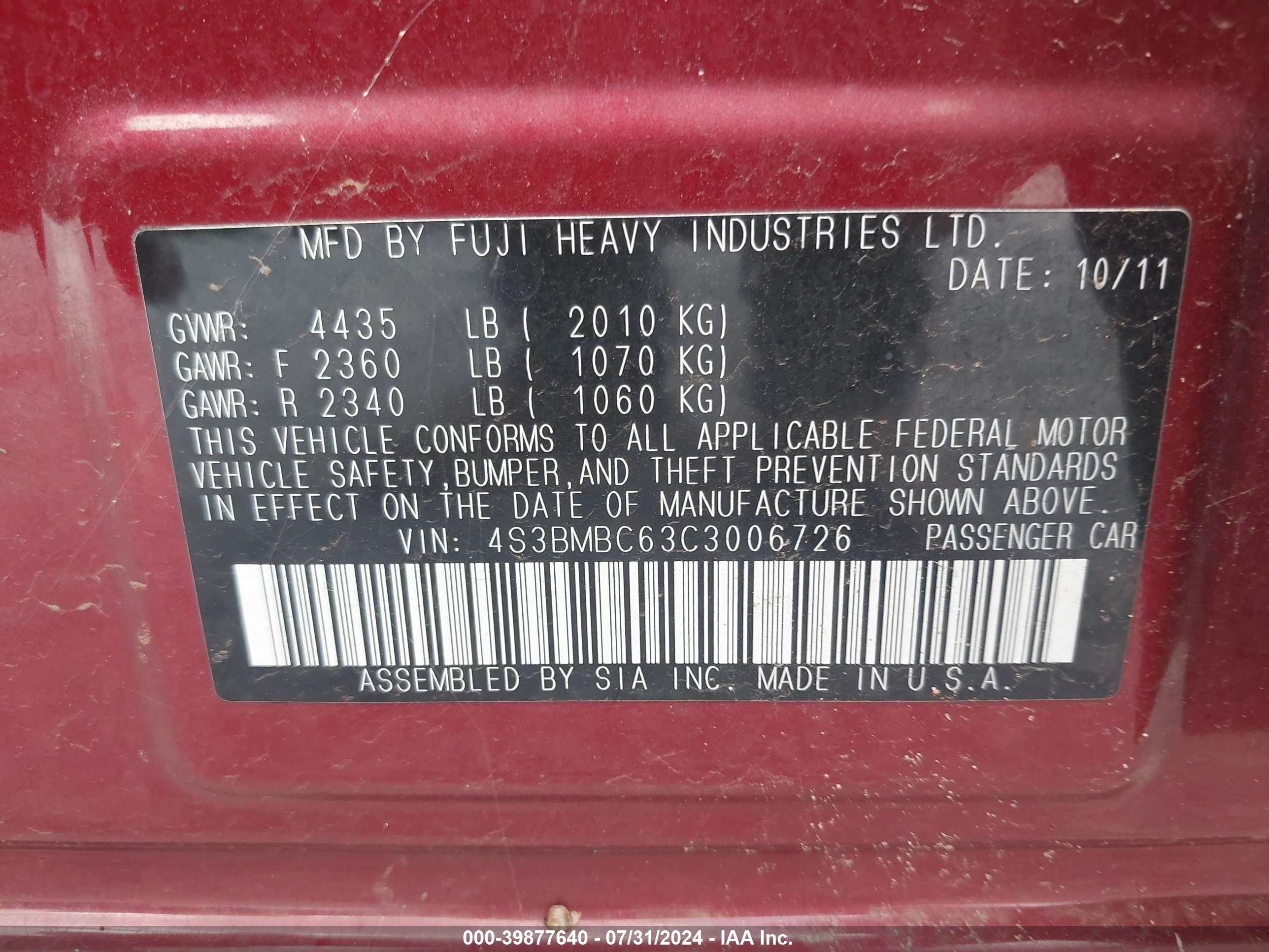 2012 Subaru Legacy 2.5i Premium Maroon vin: 4S3BMBC63C3006726