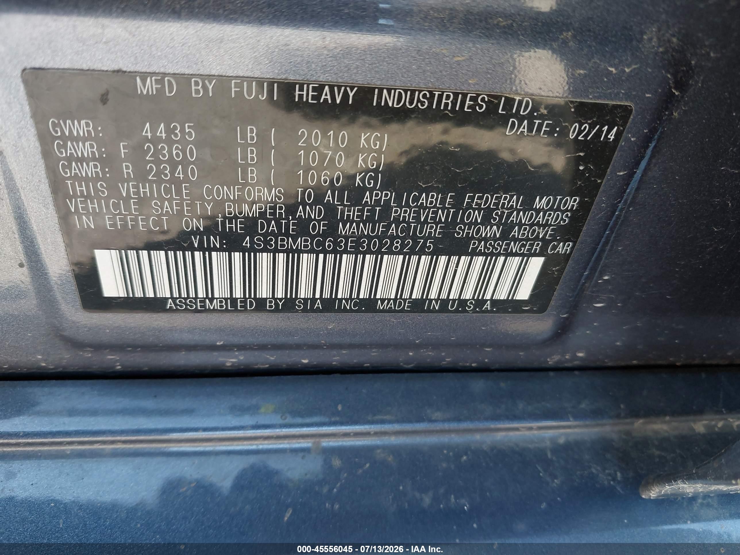 2014 Subaru Legacy 2.5i Premium Blue vin: 4S3BMBC63E3028275