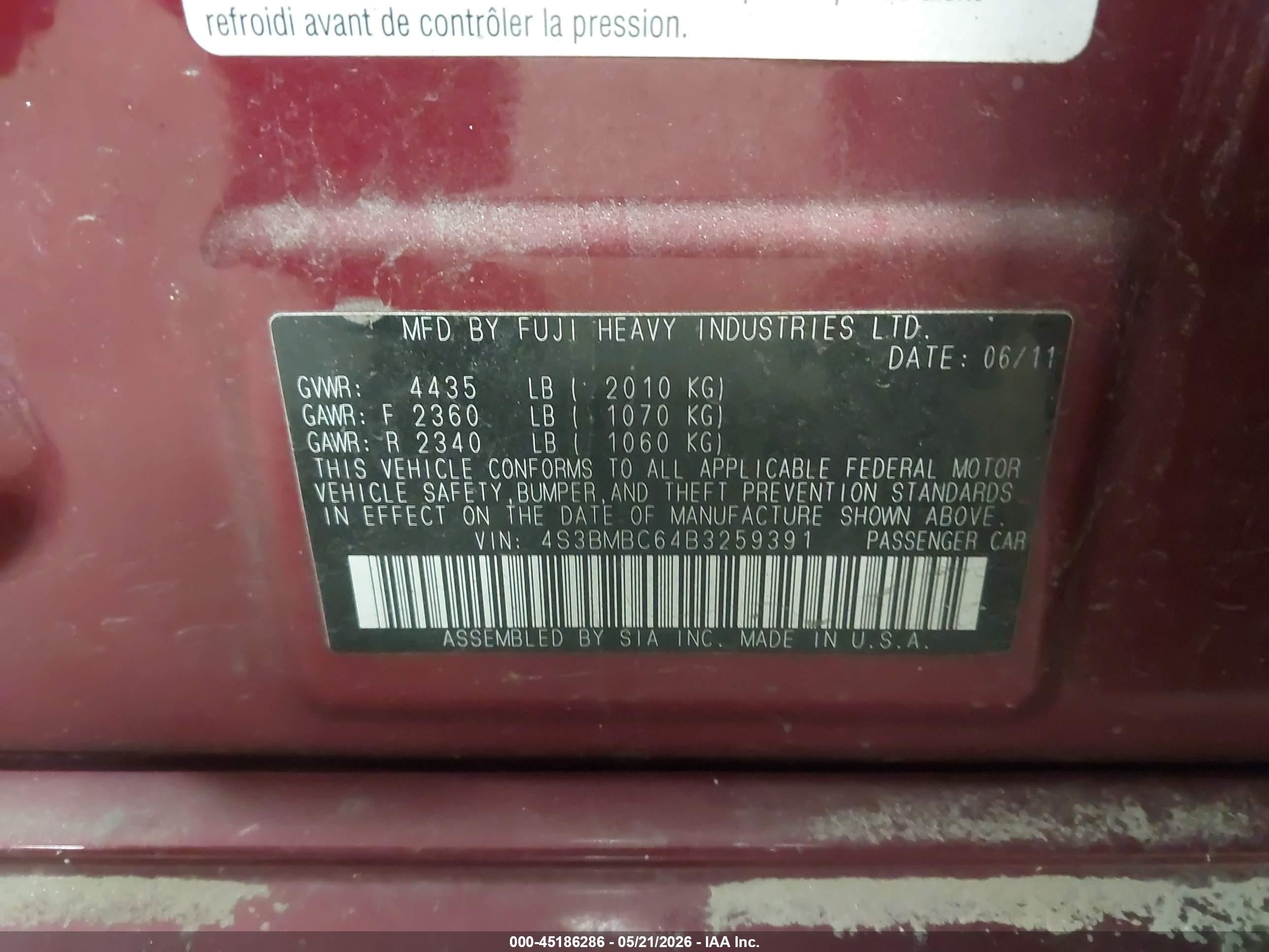 2011 Subaru Legacy 2.5i Premium Red vin: 4S3BMBC64B3259391