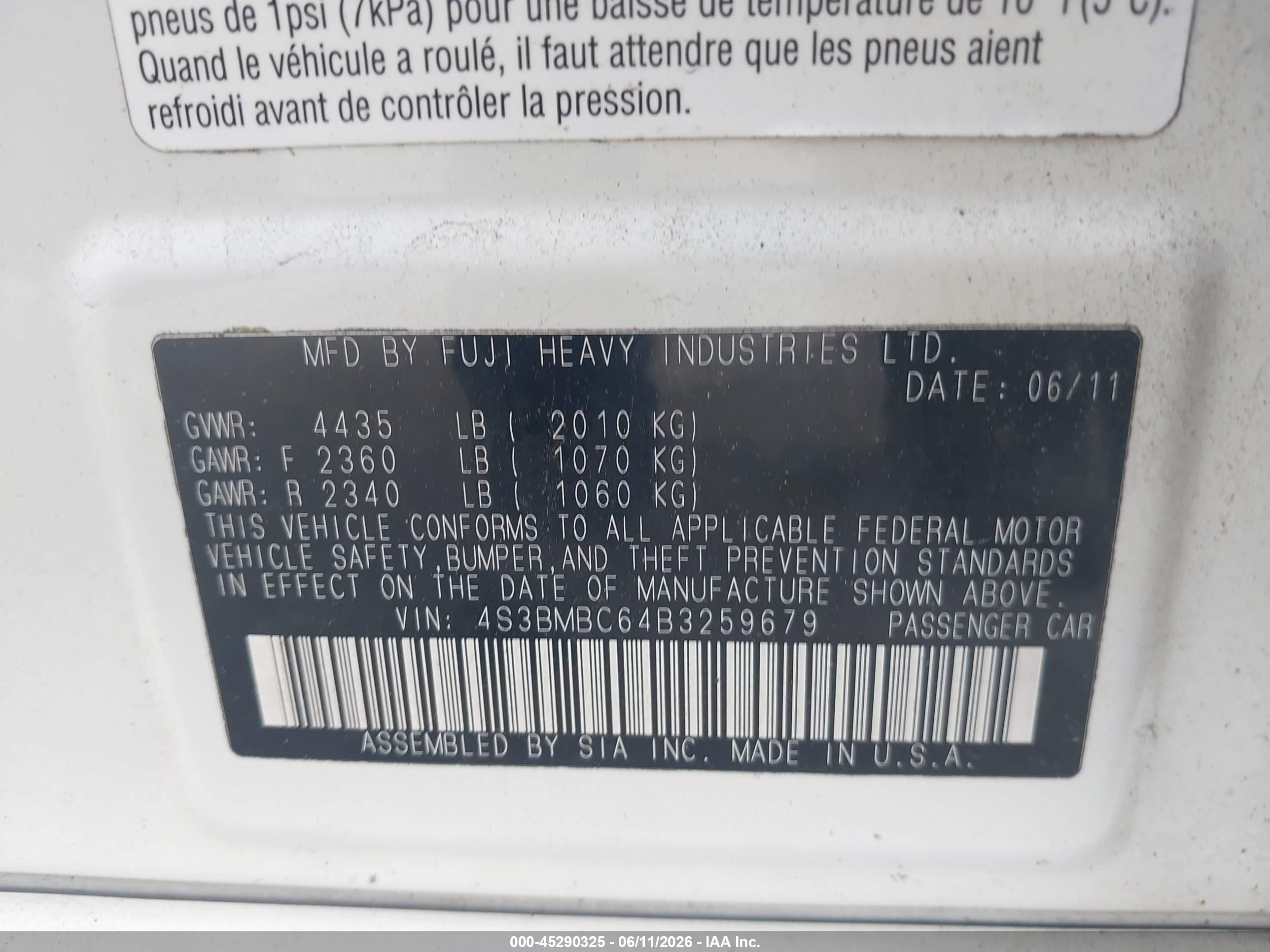 2011 Subaru Legacy 2.5i Premium White vin: 4S3BMBC64B3259679