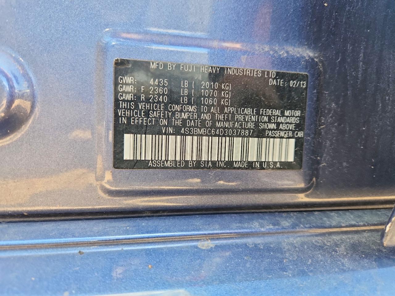 2013 Subaru Legacy 2.5i Premium Blue vin: 4S3BMBC64D3037887