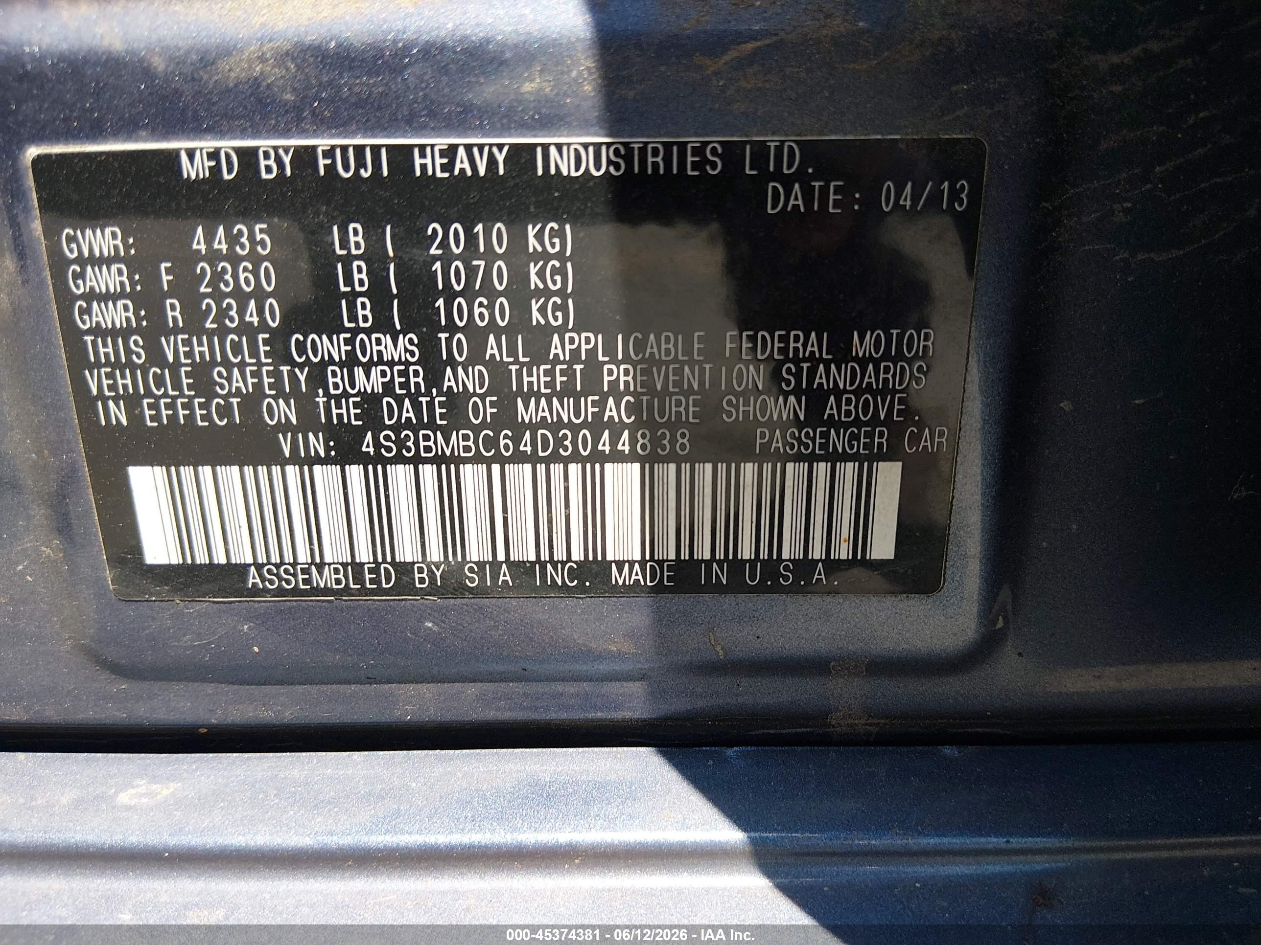 2013 Subaru Legacy 2.5i Premium Blue vin: 4S3BMBC64D3044838