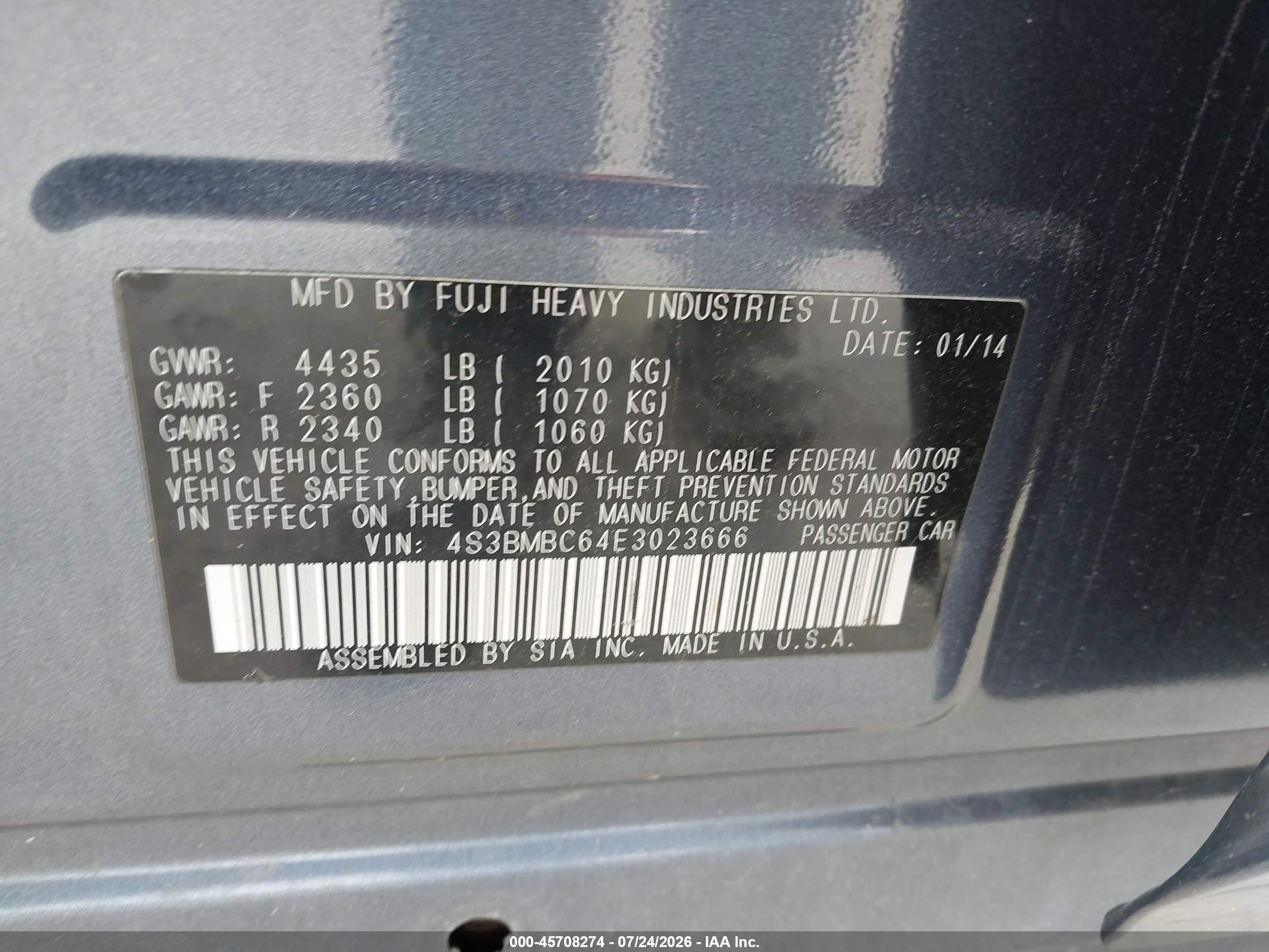 2014 Subaru Legacy 2.5i Premium Синий vin: 4S3BMBC64E3023666
