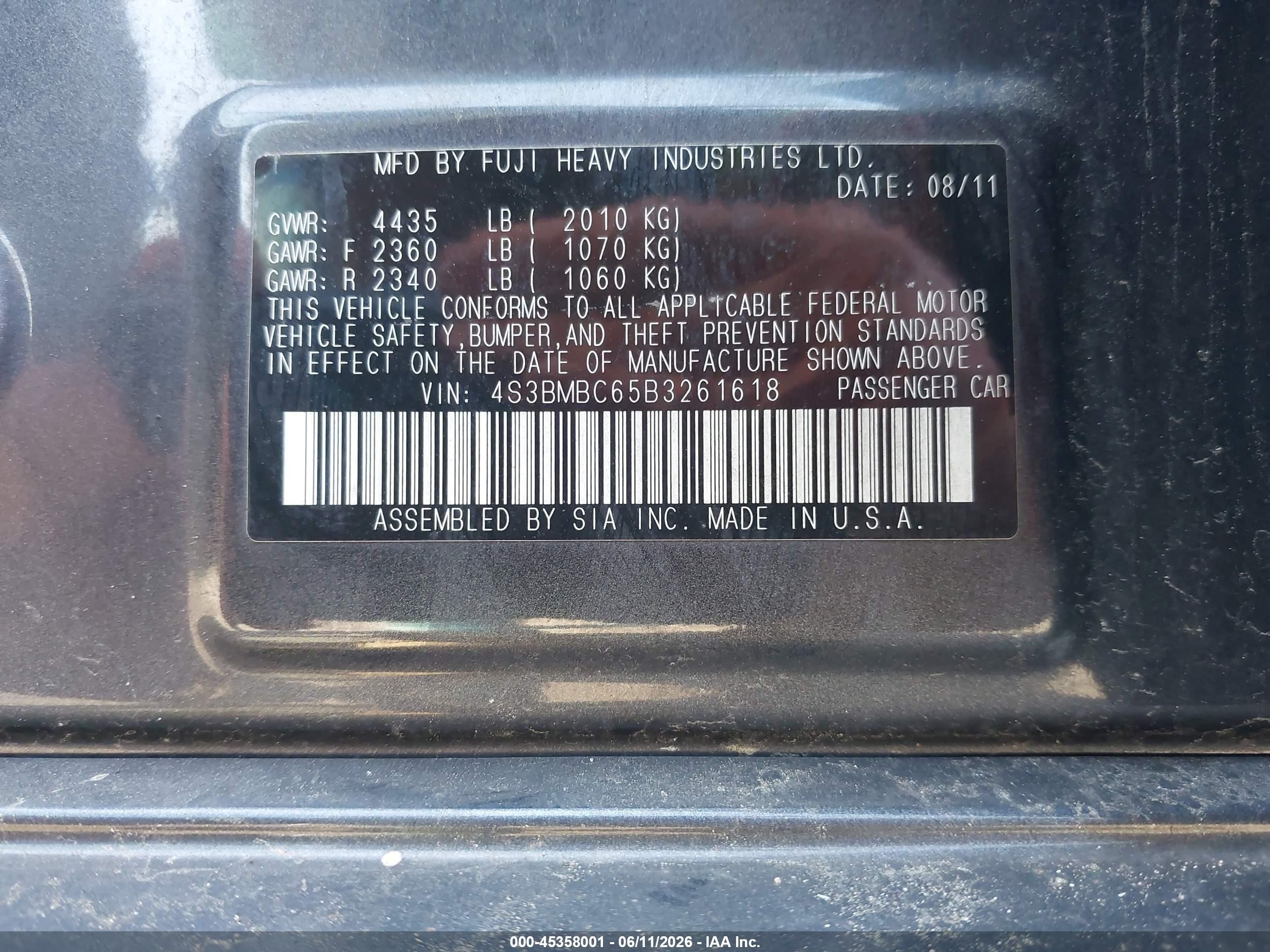 2011 Subaru Legacy 2.5i Premium Серый vin: 4S3BMBC65B3261618