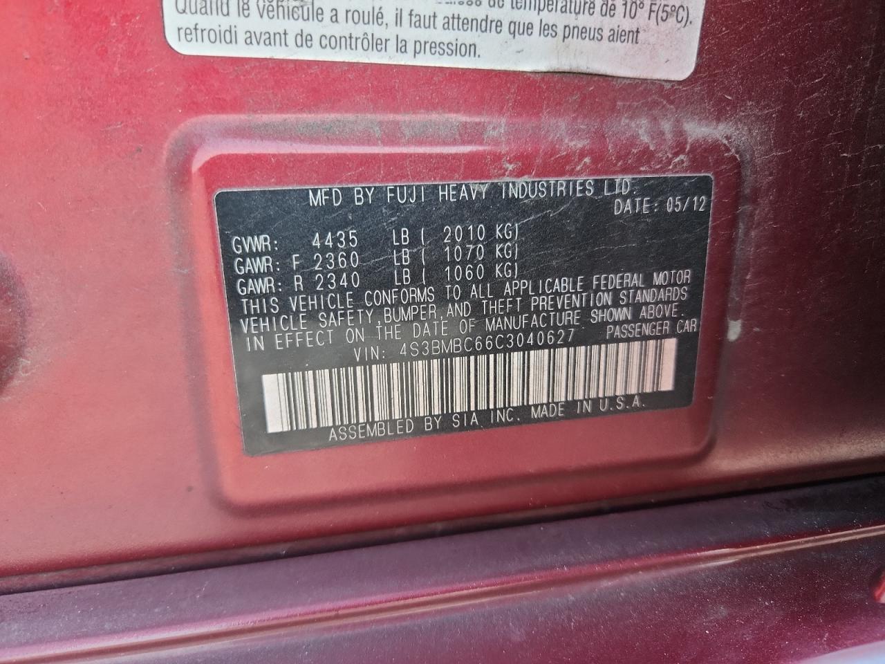 2012 Subaru Legacy 2.5i Premium Red vin: 4S3BMBC66C3040627