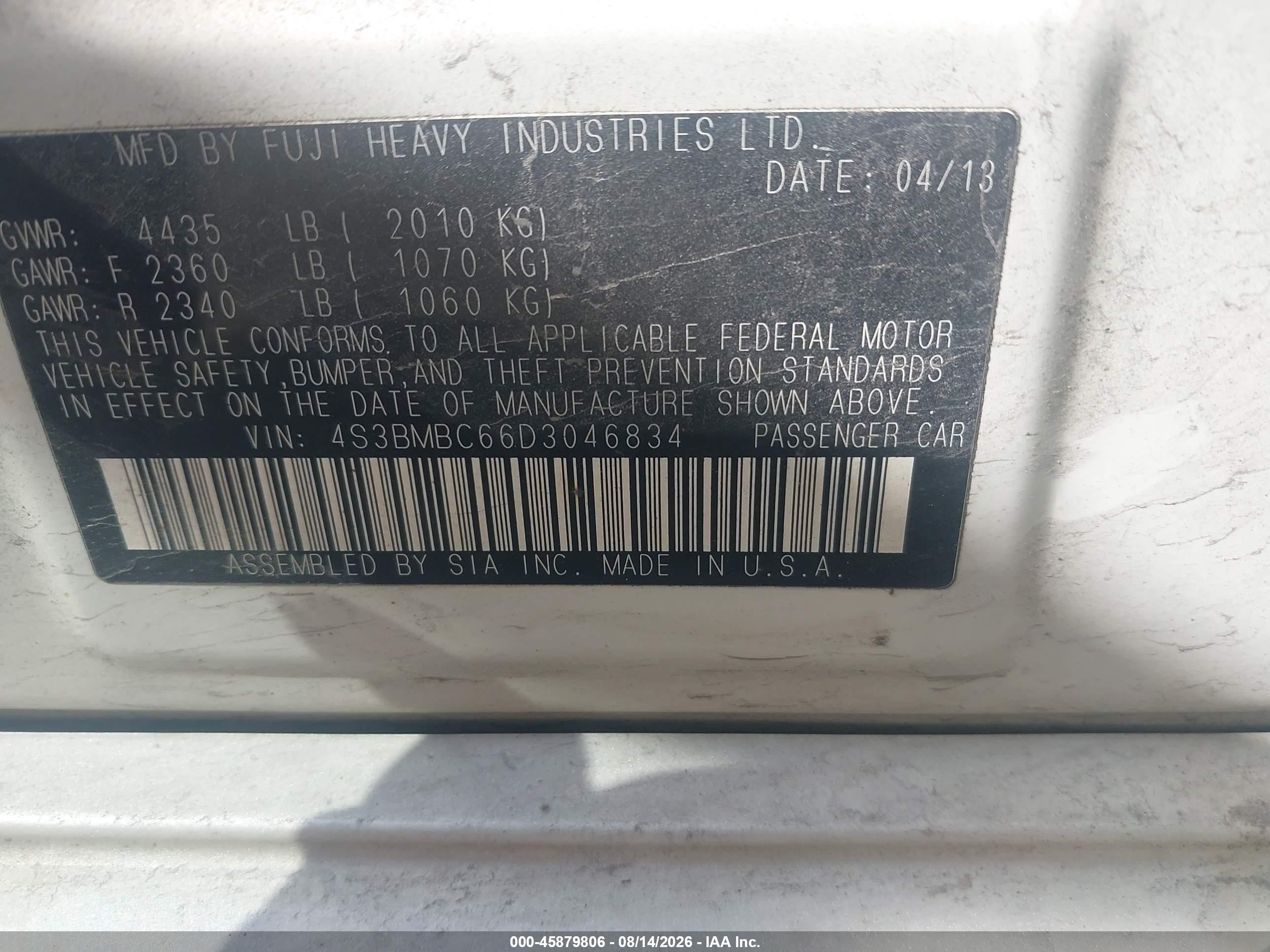 2013 Subaru Legacy 2.5i Premium White vin: 4S3BMBC66D3046834