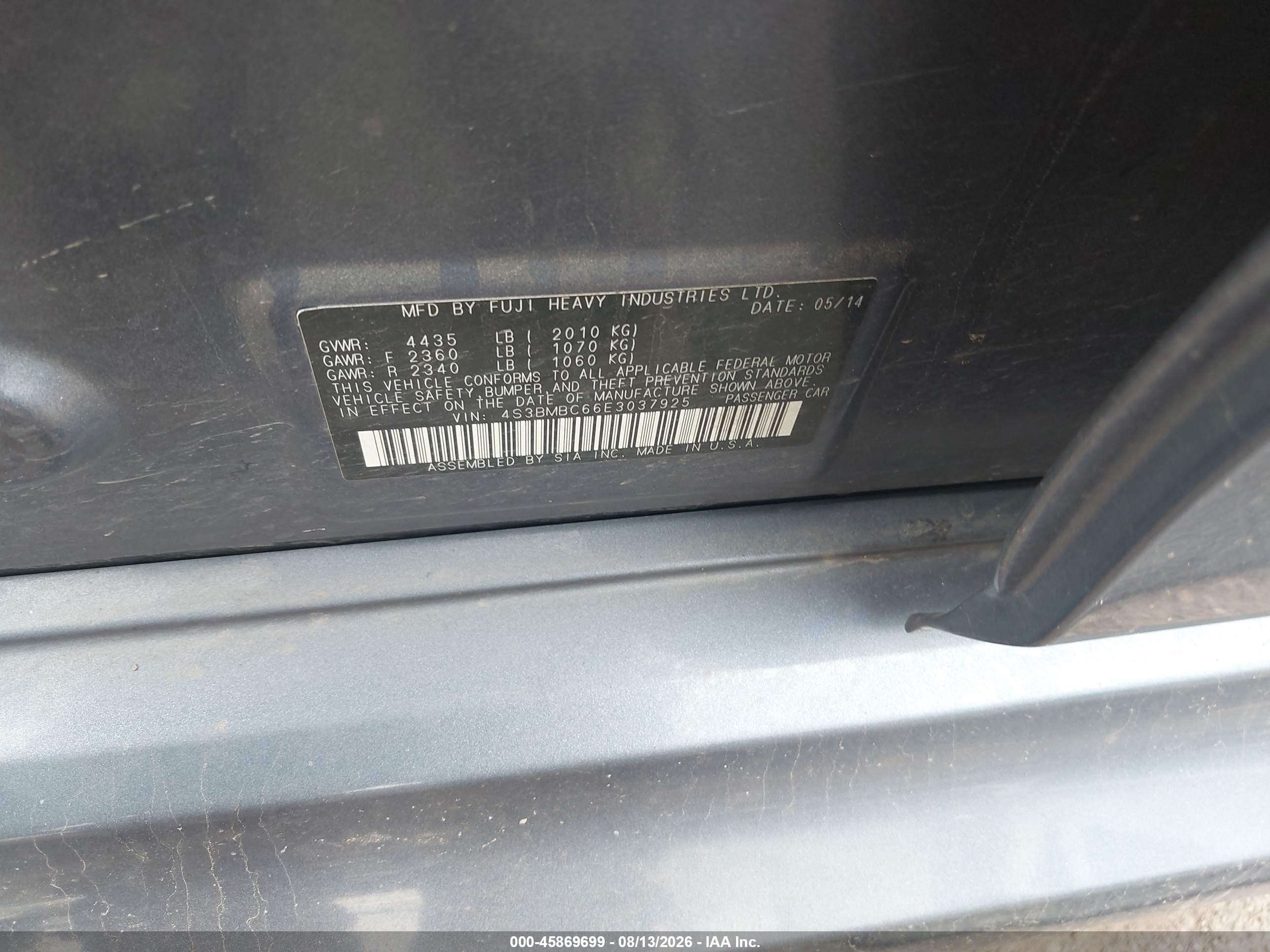 2014 Subaru Legacy 2.5i Premium Blue vin: 4S3BMBC66E3037925