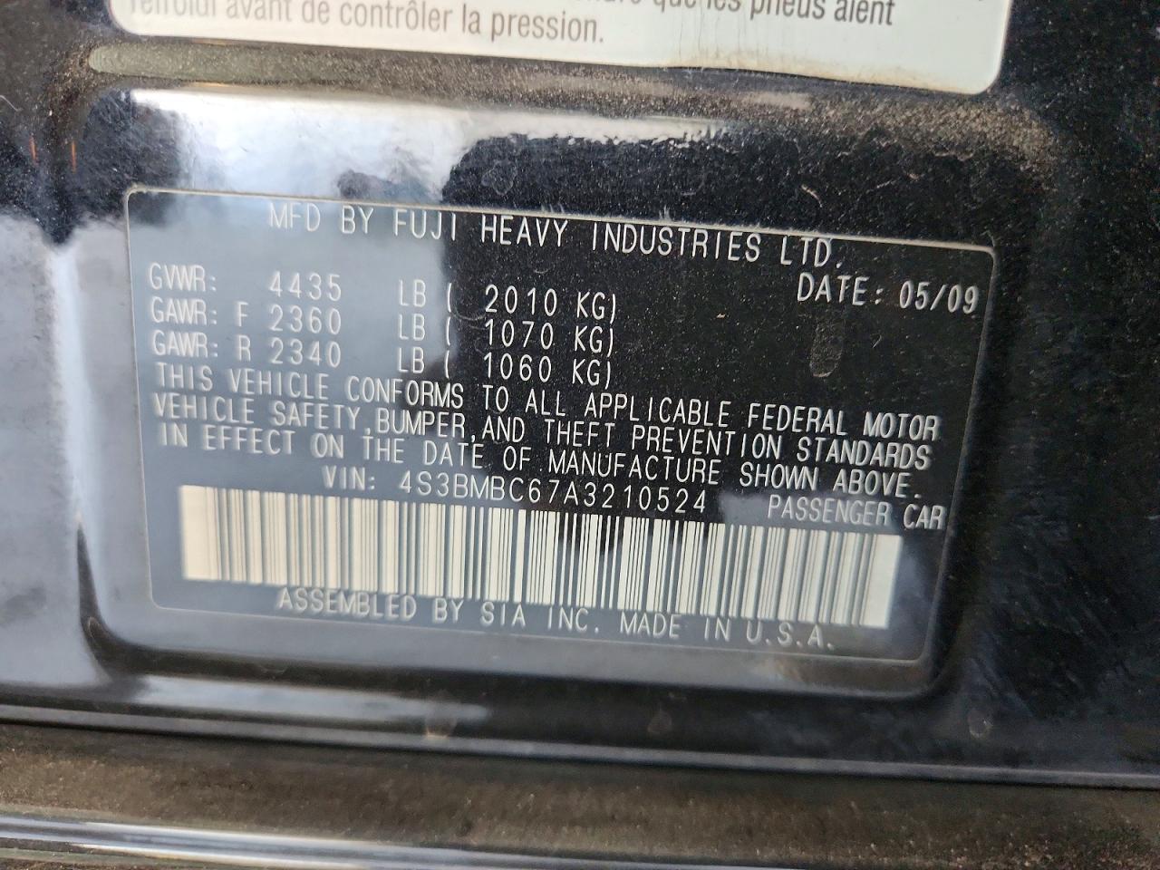 2010 Subaru Legacy 2.5i Premium Black vin: 4S3BMBC67A3210524