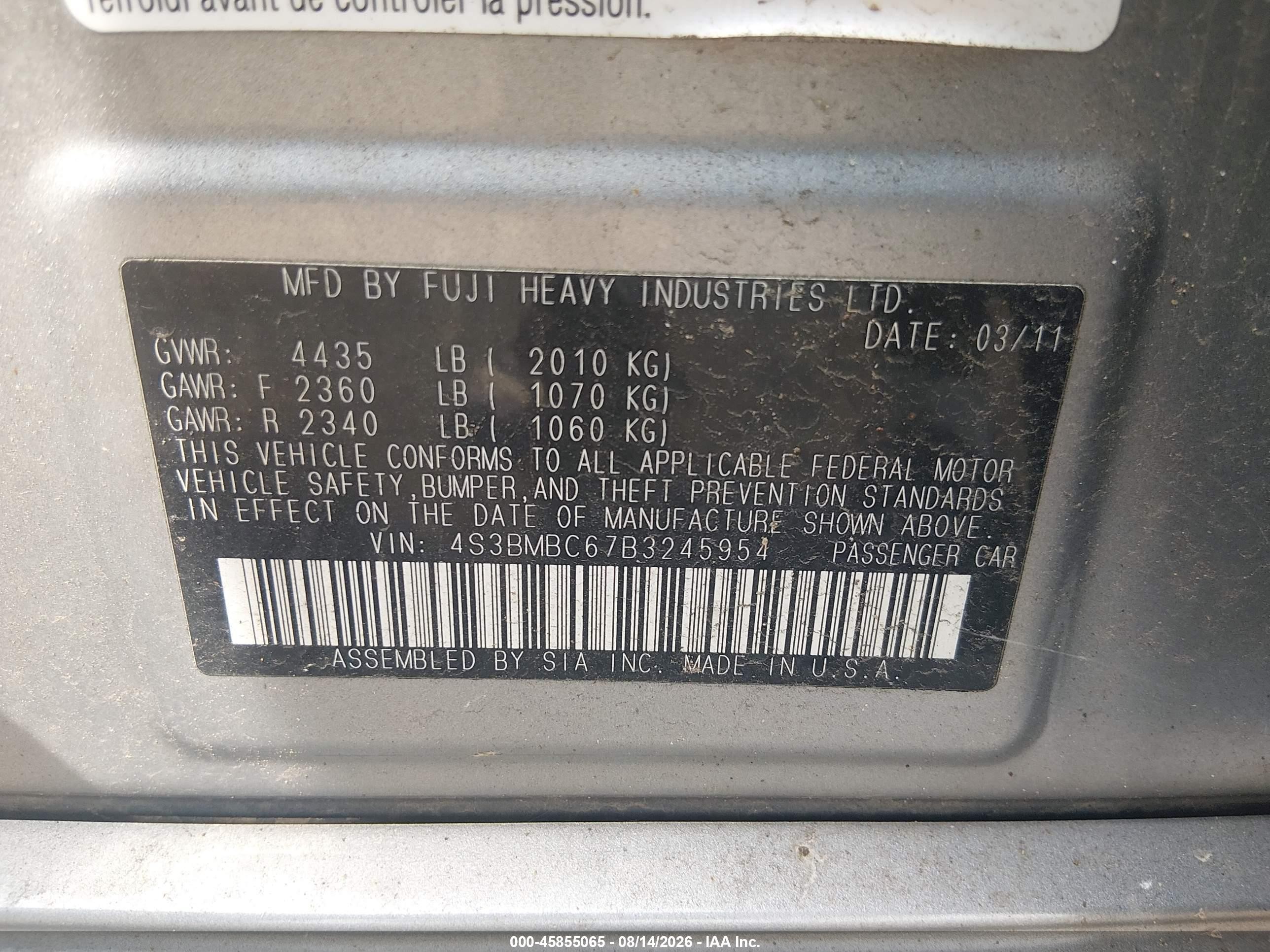 2011 Subaru Legacy 2.5i Premium Серебряный vin: 4S3BMBC67B3245954