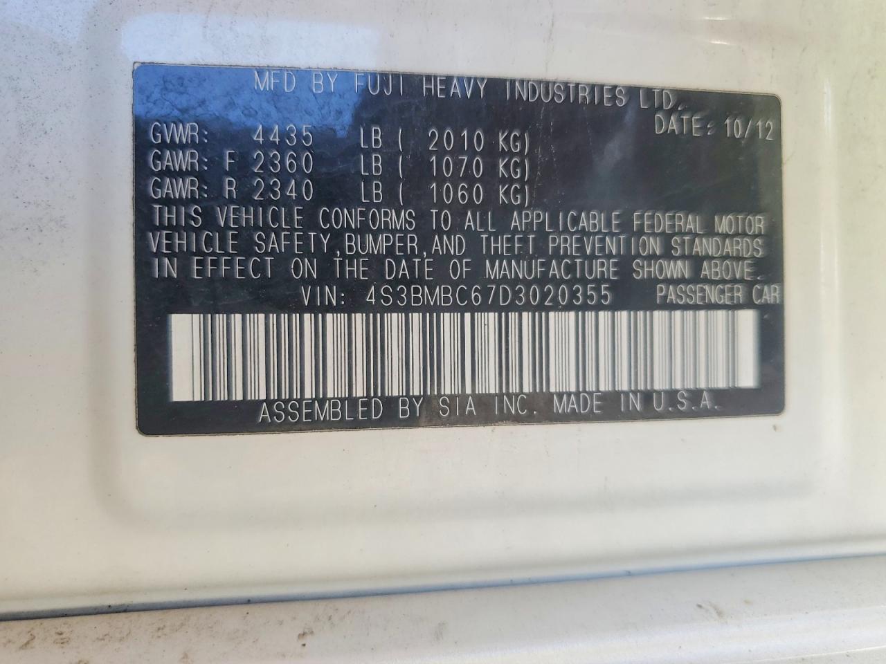 2013 Subaru Legacy 2.5i Premium White vin: 4S3BMBC67D3020355