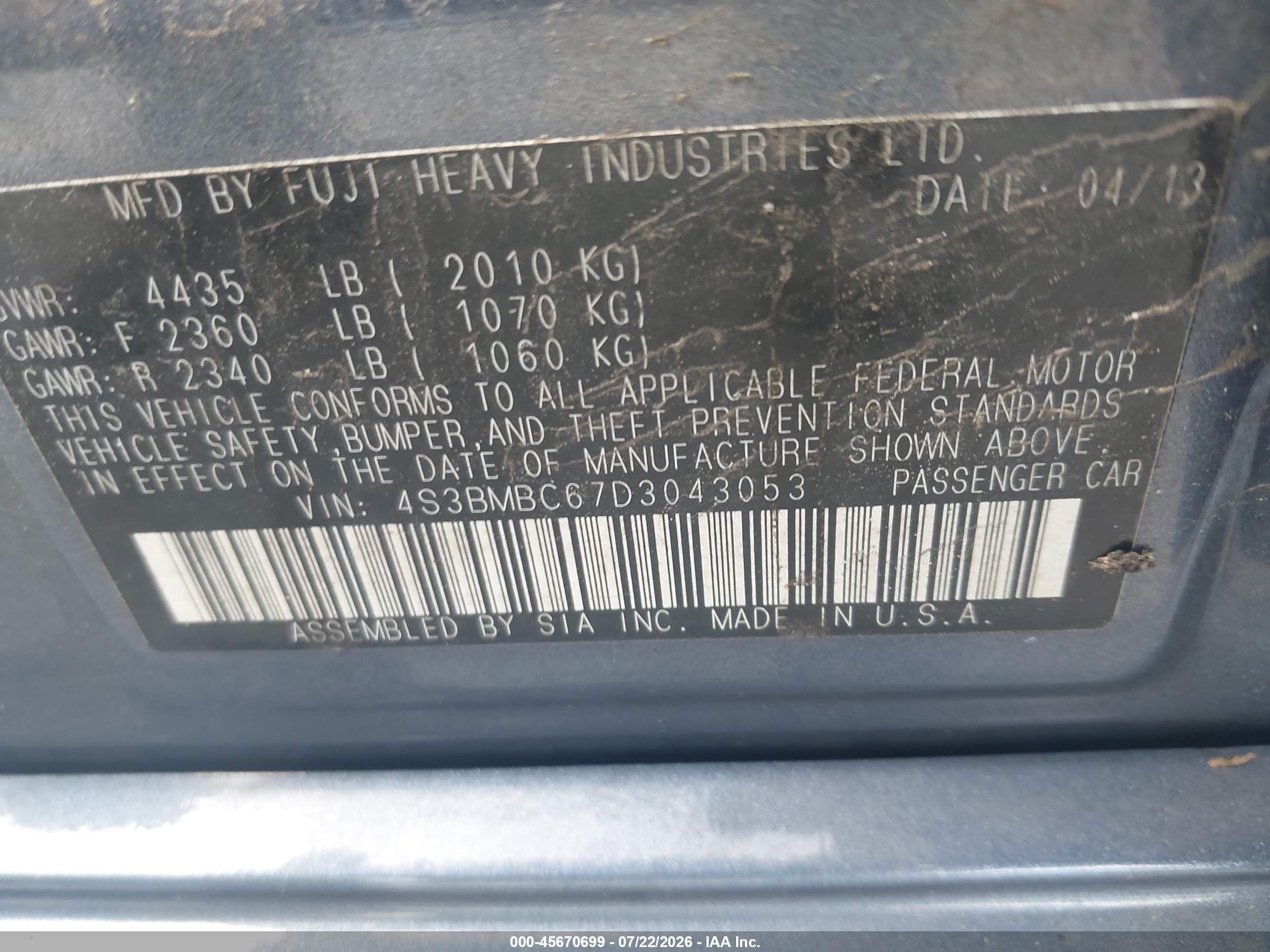 2013 Subaru Legacy 2.5i Premium Blue vin: 4S3BMBC67D3043053