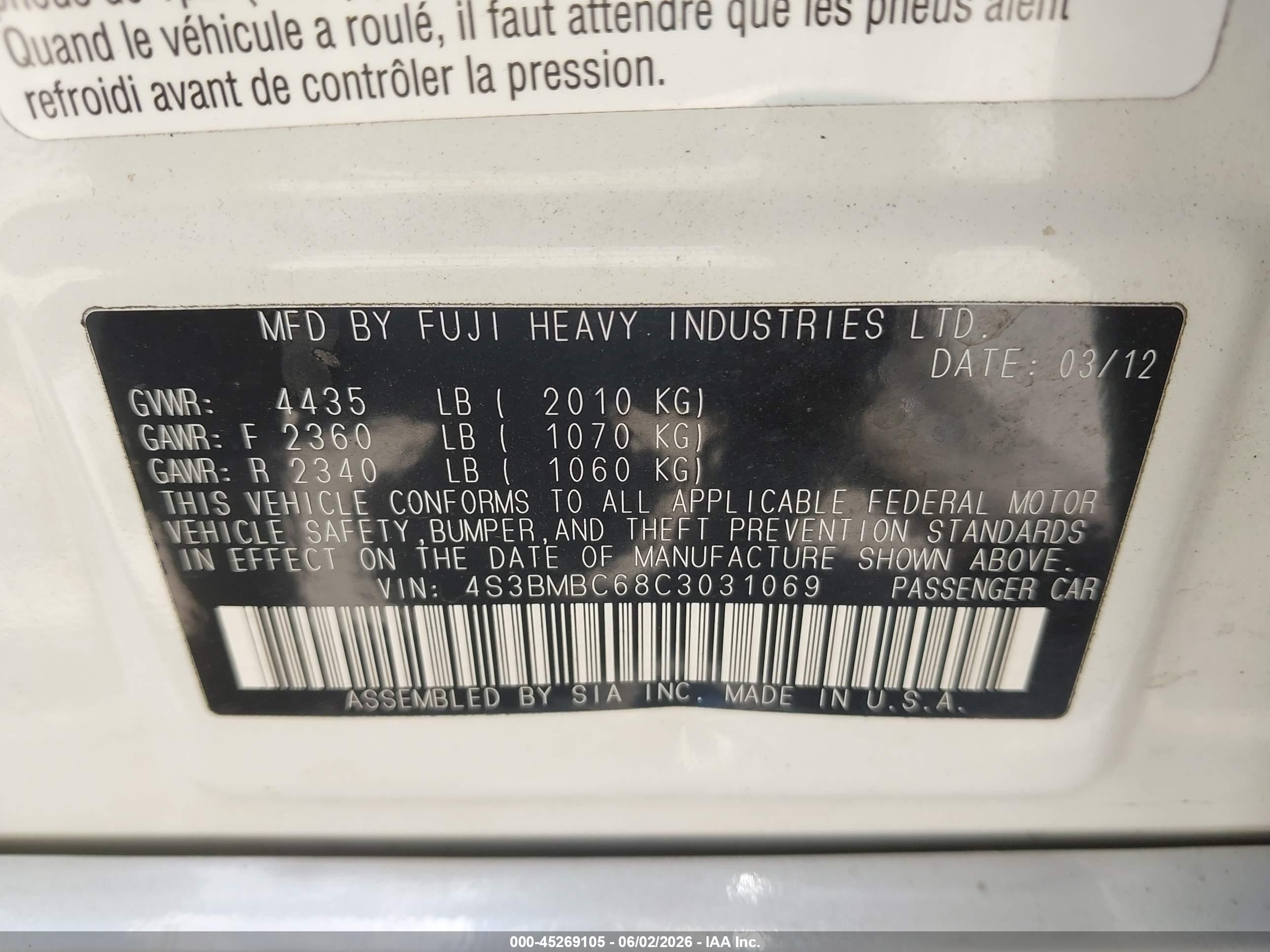 2012 Subaru Legacy 2.5i Premium White vin: 4S3BMBC68C3031069