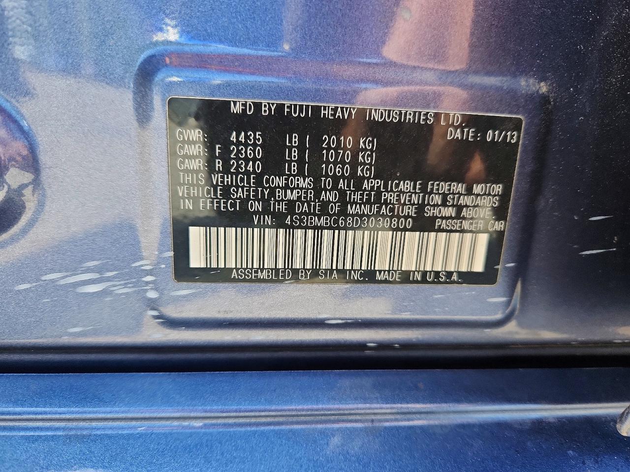 2013 Subaru Legacy 2.5i Premium Blue vin: 4S3BMBC68D3030800