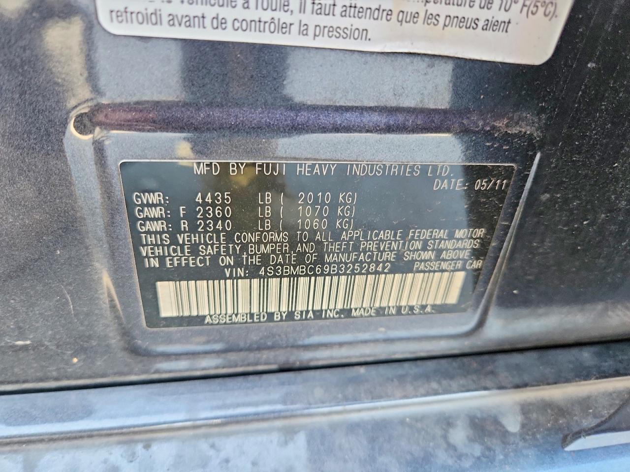 2011 Subaru Legacy 2.5i Premium Серый vin: 4S3BMBC69B3252842