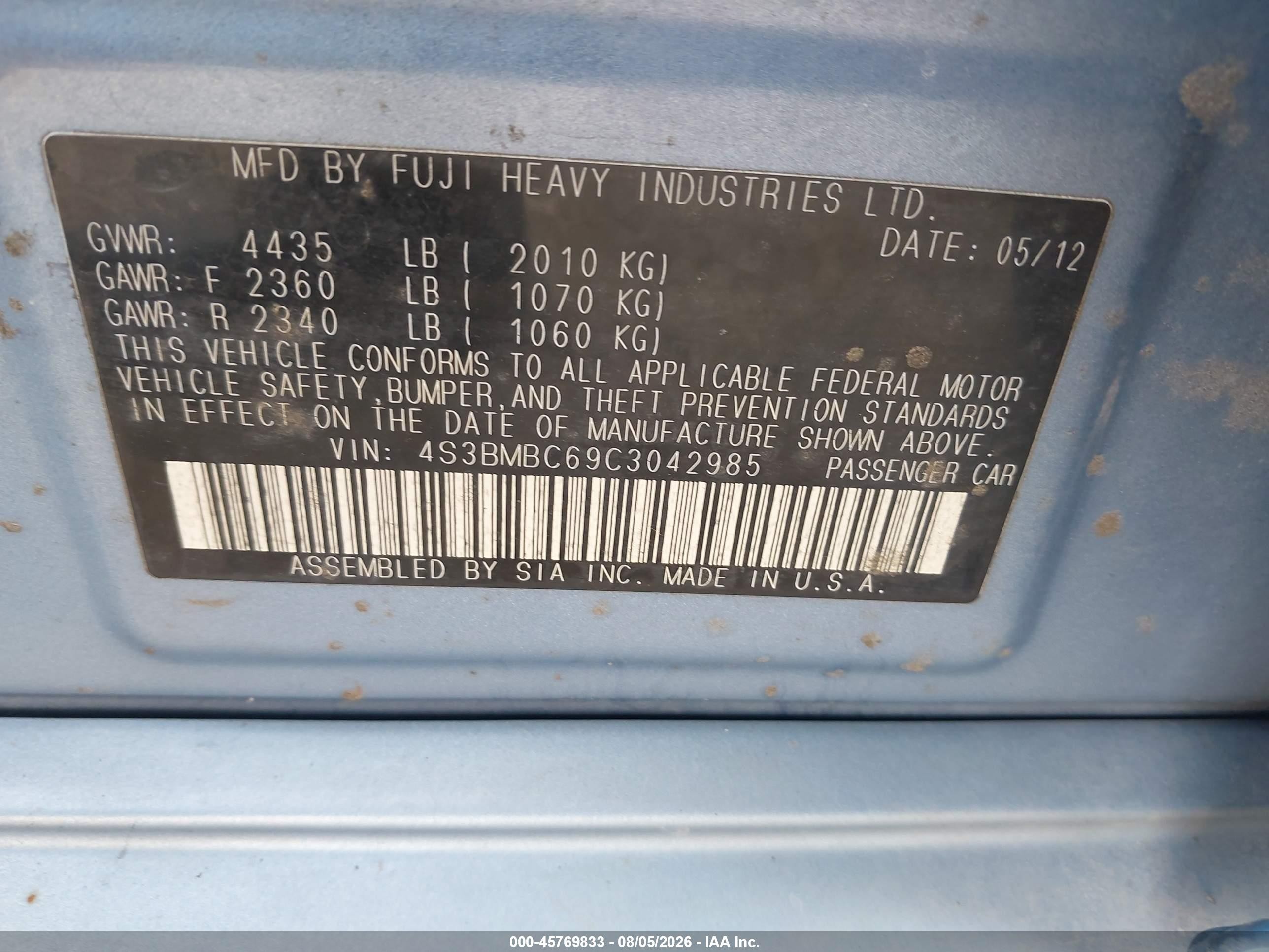 2012 Subaru Legacy 2.5i Premium Light Blue vin: 4S3BMBC69C3042985