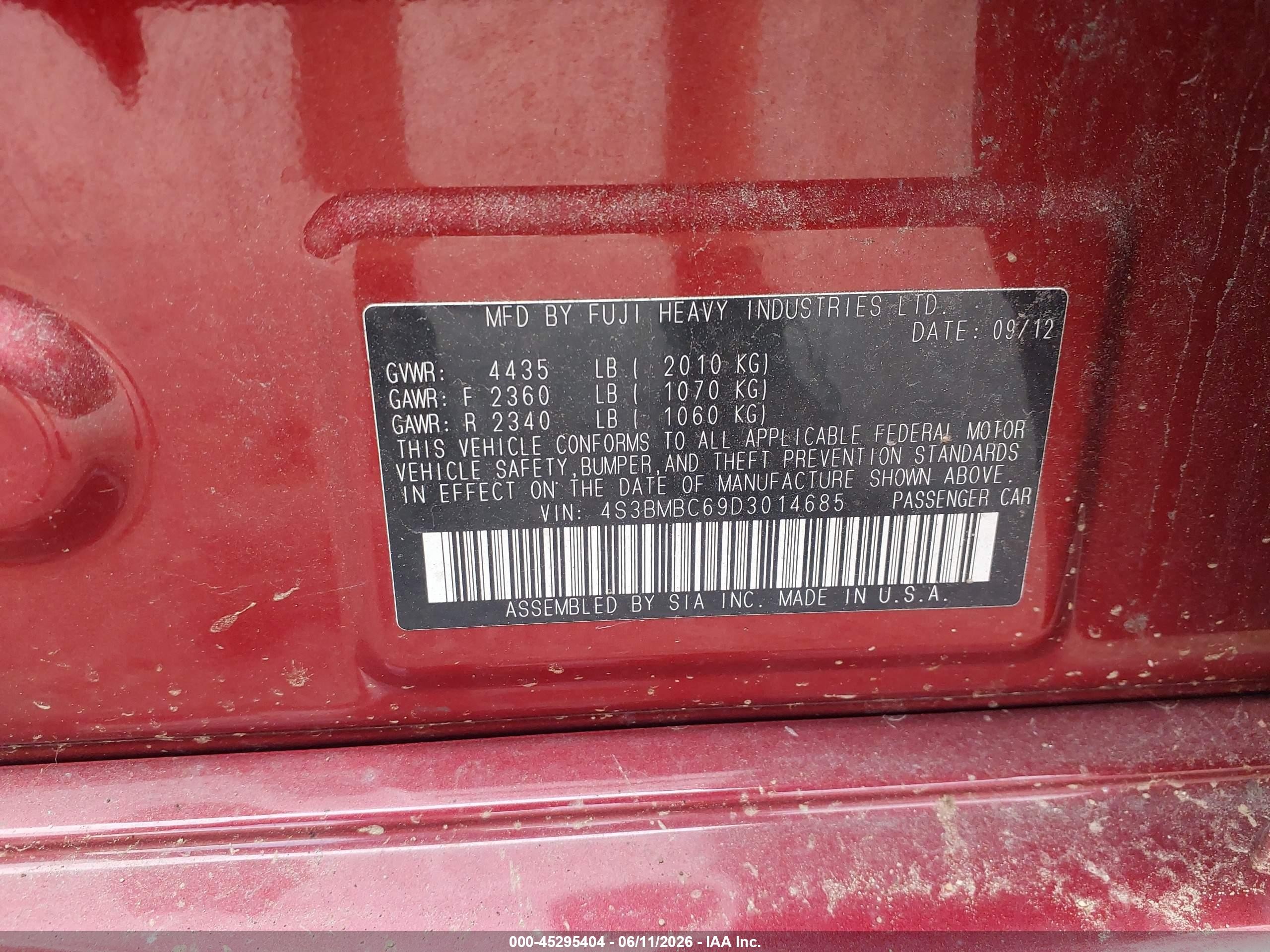 2013 Subaru Legacy 2.5i Premium Red vin: 4S3BMBC69D3014685